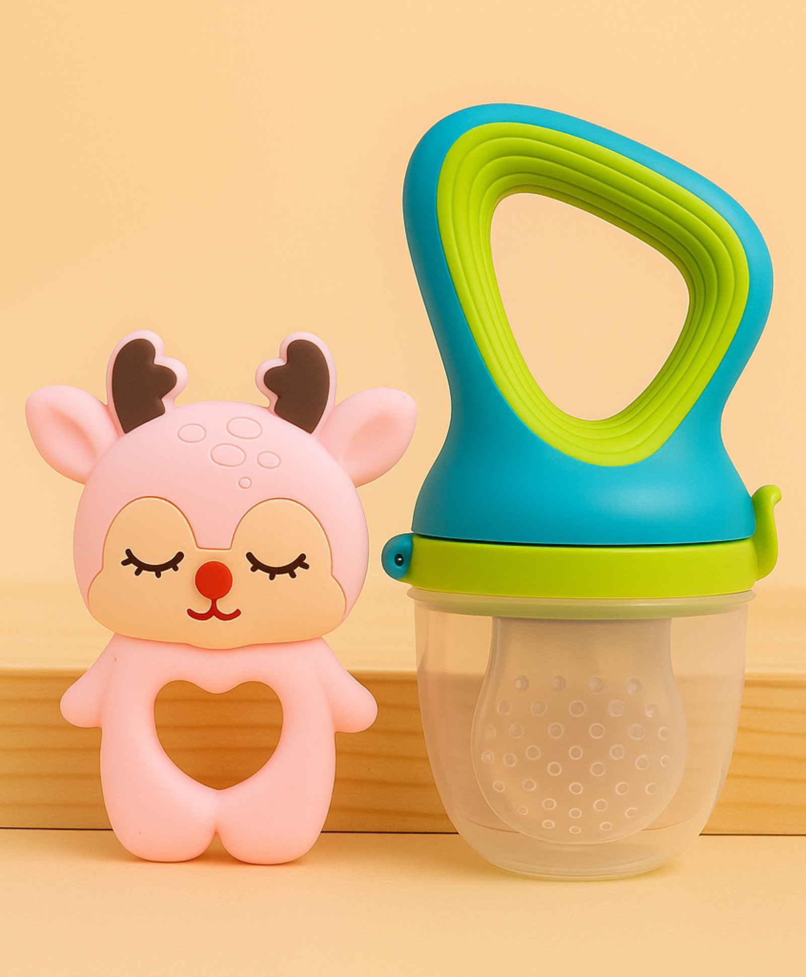 Badal Kidz Fruit Nibbler & Silicone Teether Combo, BPA Free, Safe for Teething Babies - Green & Pink-image-48