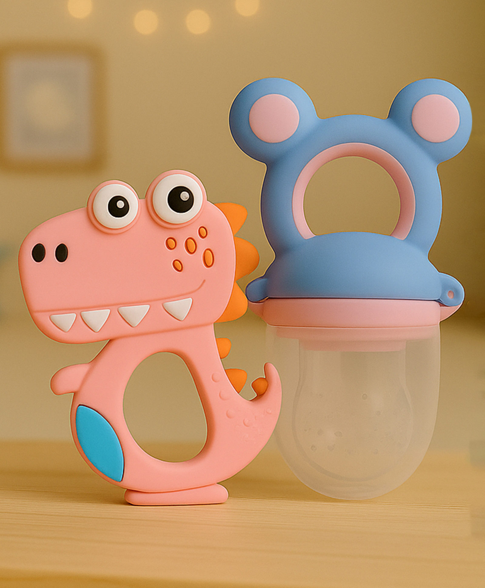 badal kidz essential combo mickey fruit nibbler & bpa free teether - blue & pink