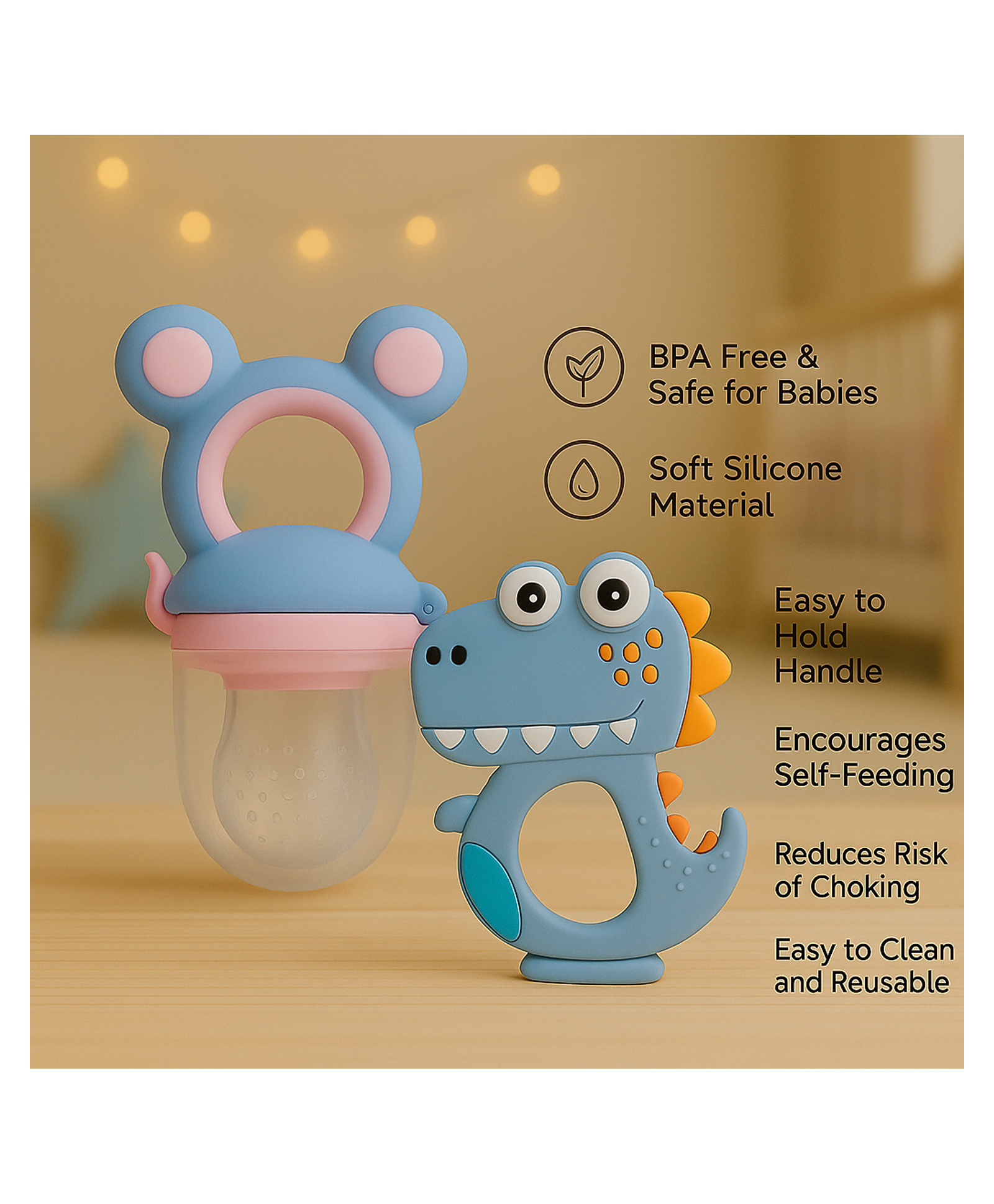 badal kidz essential combo mickey fruit nibbler & bpa free teether - blue & blue
