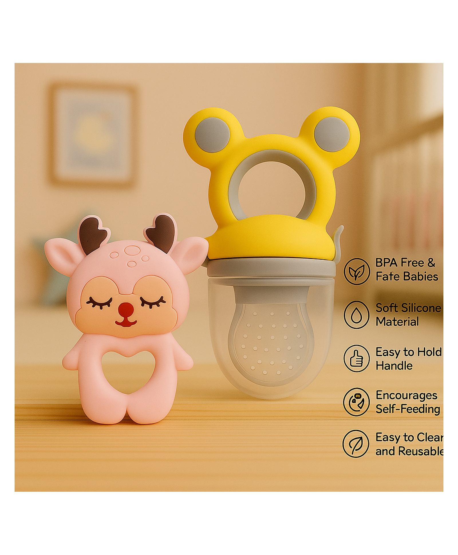 Badal Kidz Essential Combo Mickey Fruit Nibbler & BPA Free Teether - Yellow & Pink-image-24
