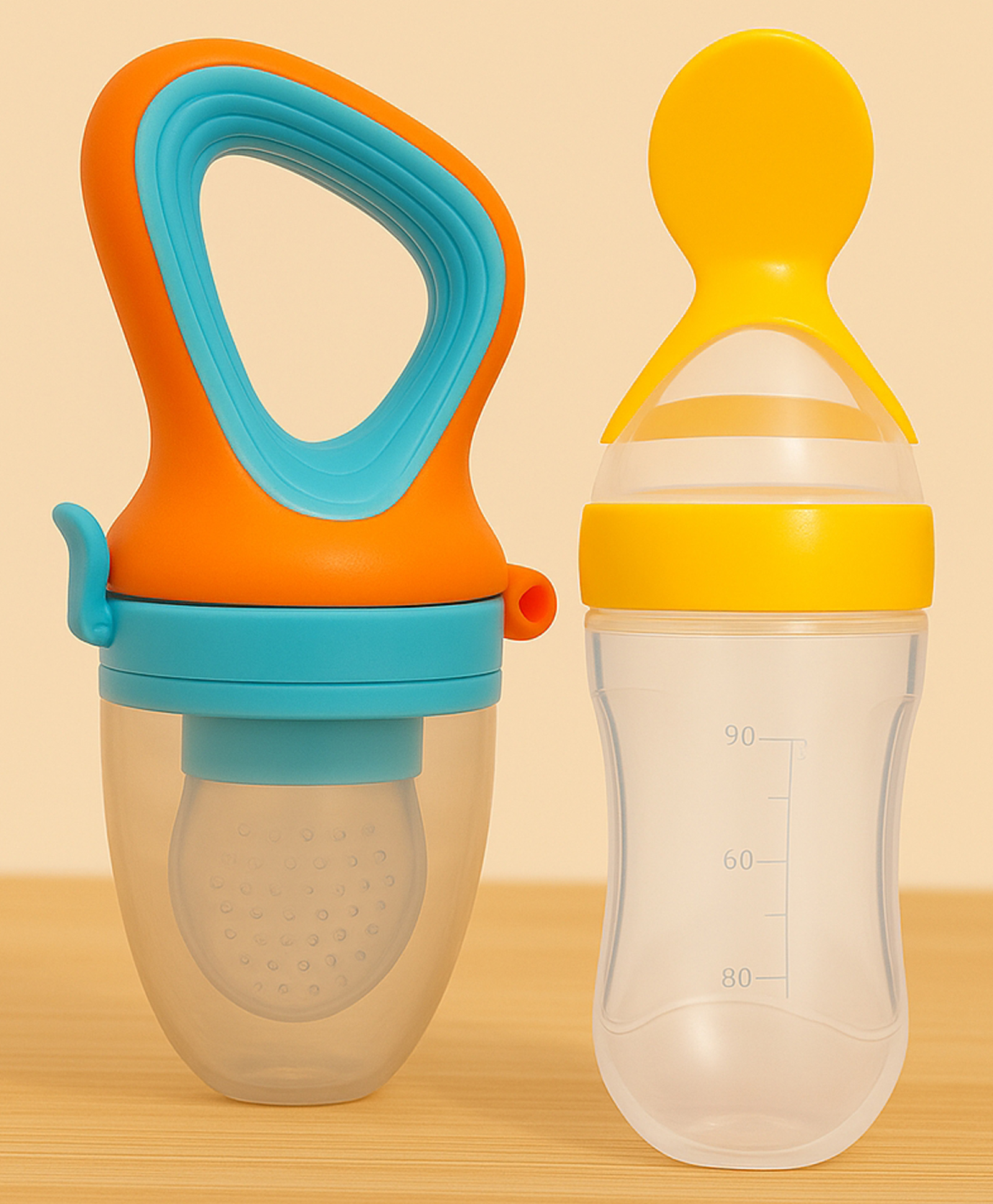 Badal Kidz Presents Combo BPA Free Silicone Spoon Bottle & Fruit/Food Nibbler- Yellow & Orange-image-13