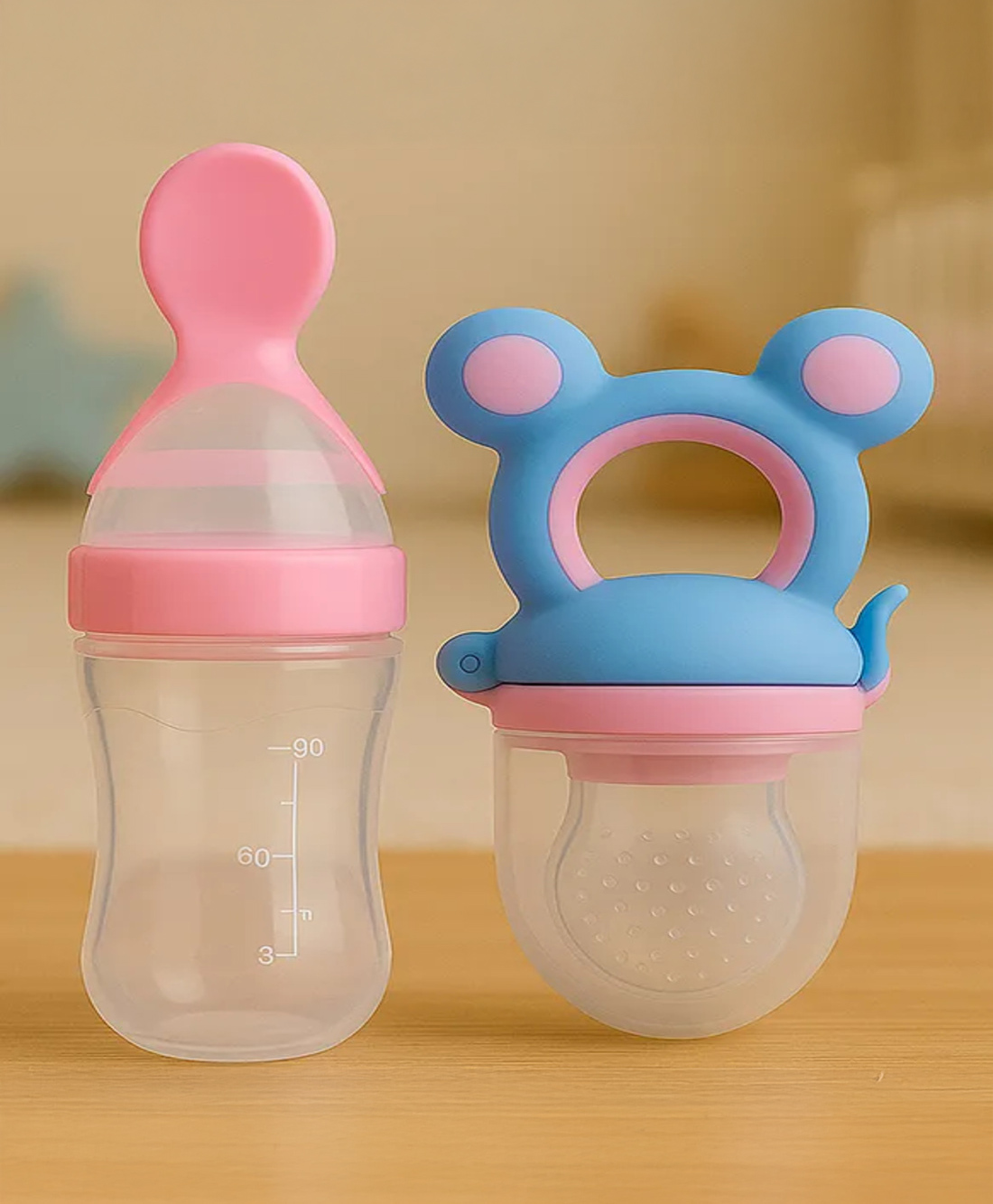 Badal Kidz Presents Combo BPA Free Silicone Spoon Bottle & Fruit/Food Nibbler- Pink & Blue