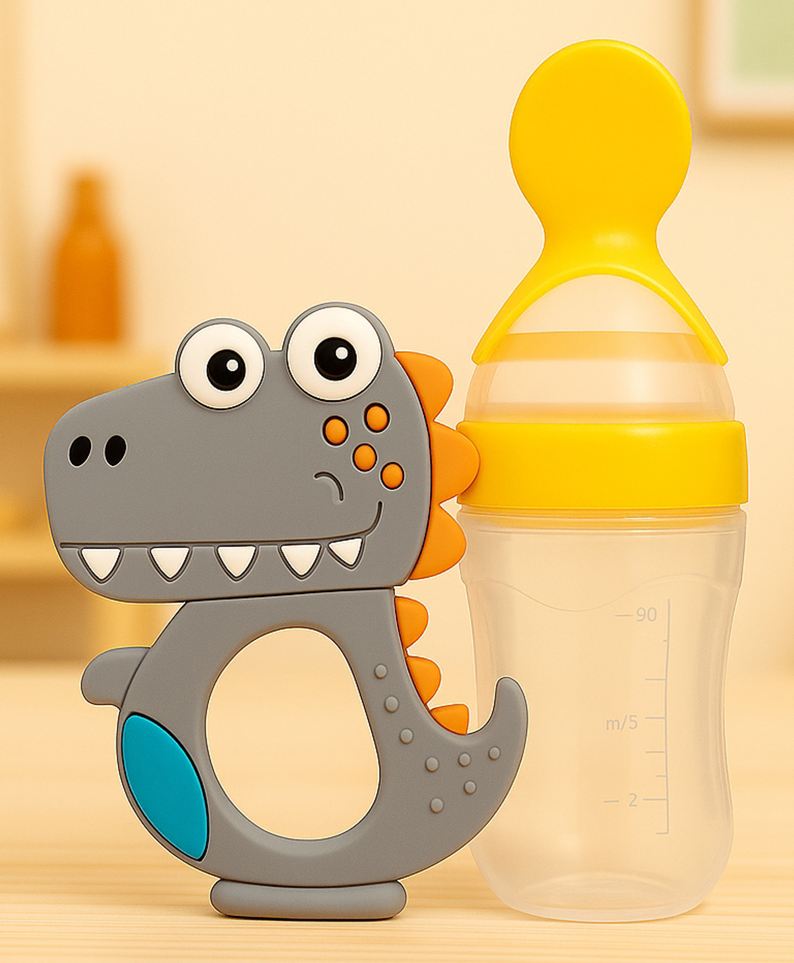 Badal Kidz Baby Silicone Spoon Bottle with Soft Teether Feeder Combo , BPA Free Feeding Set- Yellow & Grey-image-18