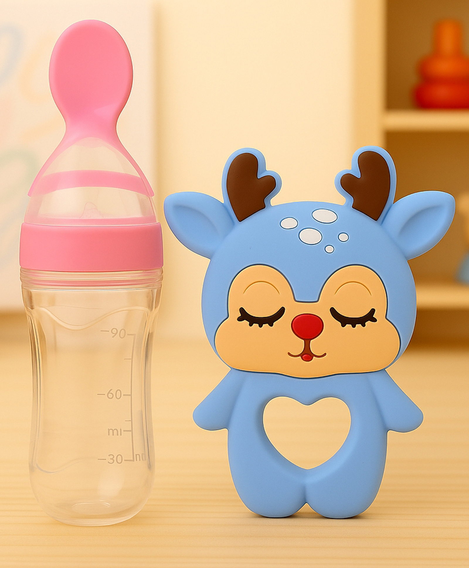 Badal Kidz Baby Silicone Spoon Bottle with Soft Teether Feeder Combo , BPA Free Feeding Set- Pink & Blue-image-38