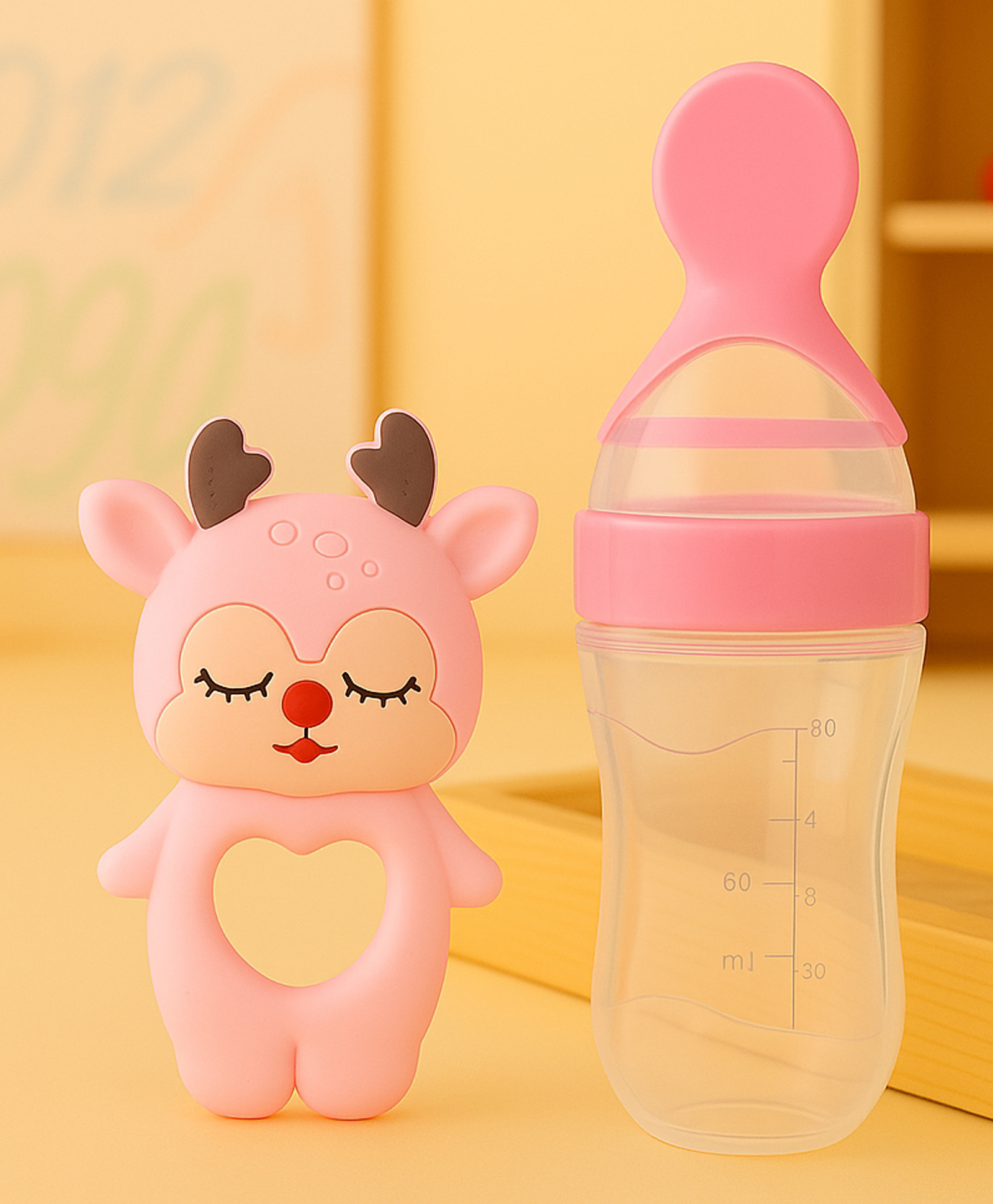 Badal Kidz Baby Silicone Spoon Bottle with Soft Teether Feeder Combo , BPA Free Feeding Set- Pink & pink-picture-39