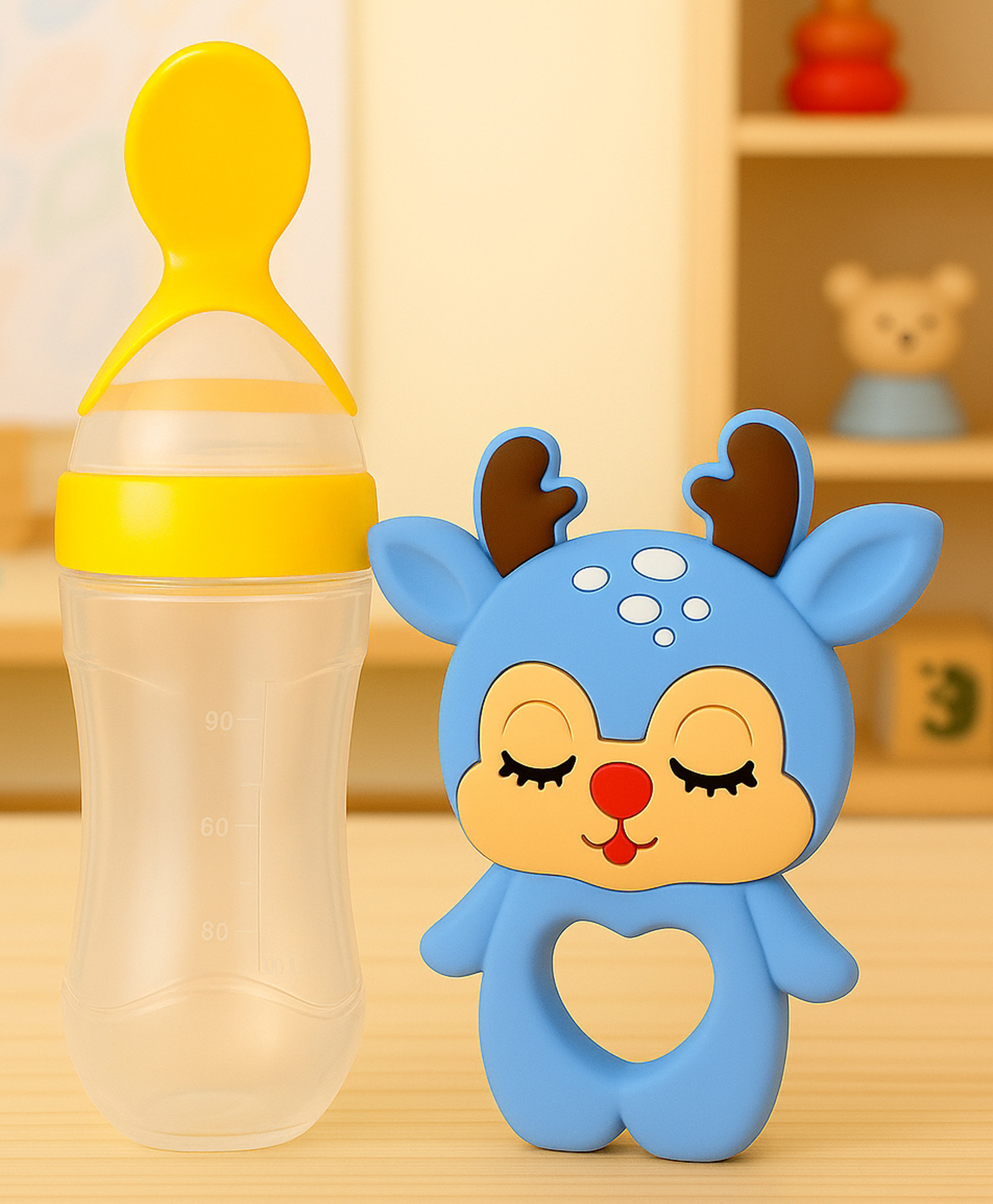 Badal Kidz Baby Silicone Spoon Bottle with Soft Teether Feeder Combo , BPA Free Feeding Set- Yellow & Blue-image-47