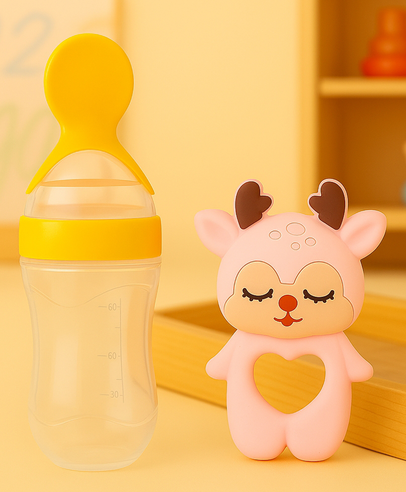Badal Kidz Baby Silicone Spoon Bottle with Soft Teether Feeder Combo , BPA Free Feeding Set- Yellow & Pink-image-48