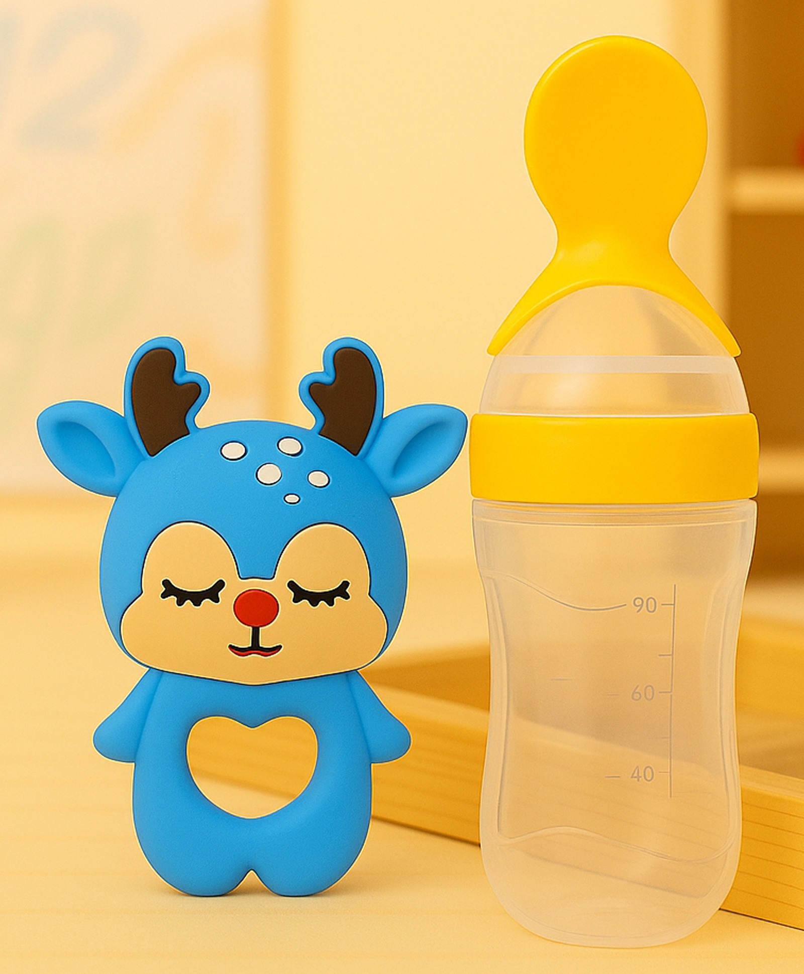 Badal Kidz Baby Silicone Spoon Bottle with Soft Teether Feeder Combo , BPA Free Feeding Set- Yellow & Dark Blue-image-49