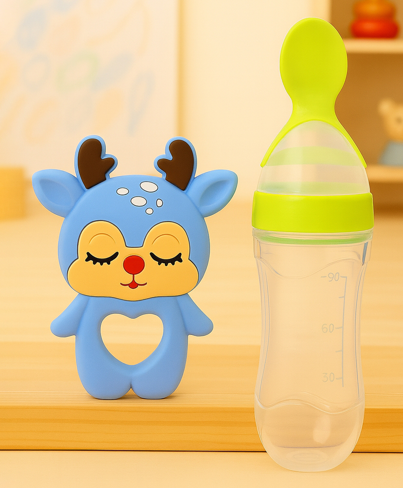 Badal Kidz Baby Silicone Spoon Bottle with Soft Teether Feeder Combo , BPA Free Feeding Set- Green & Blue-image-47