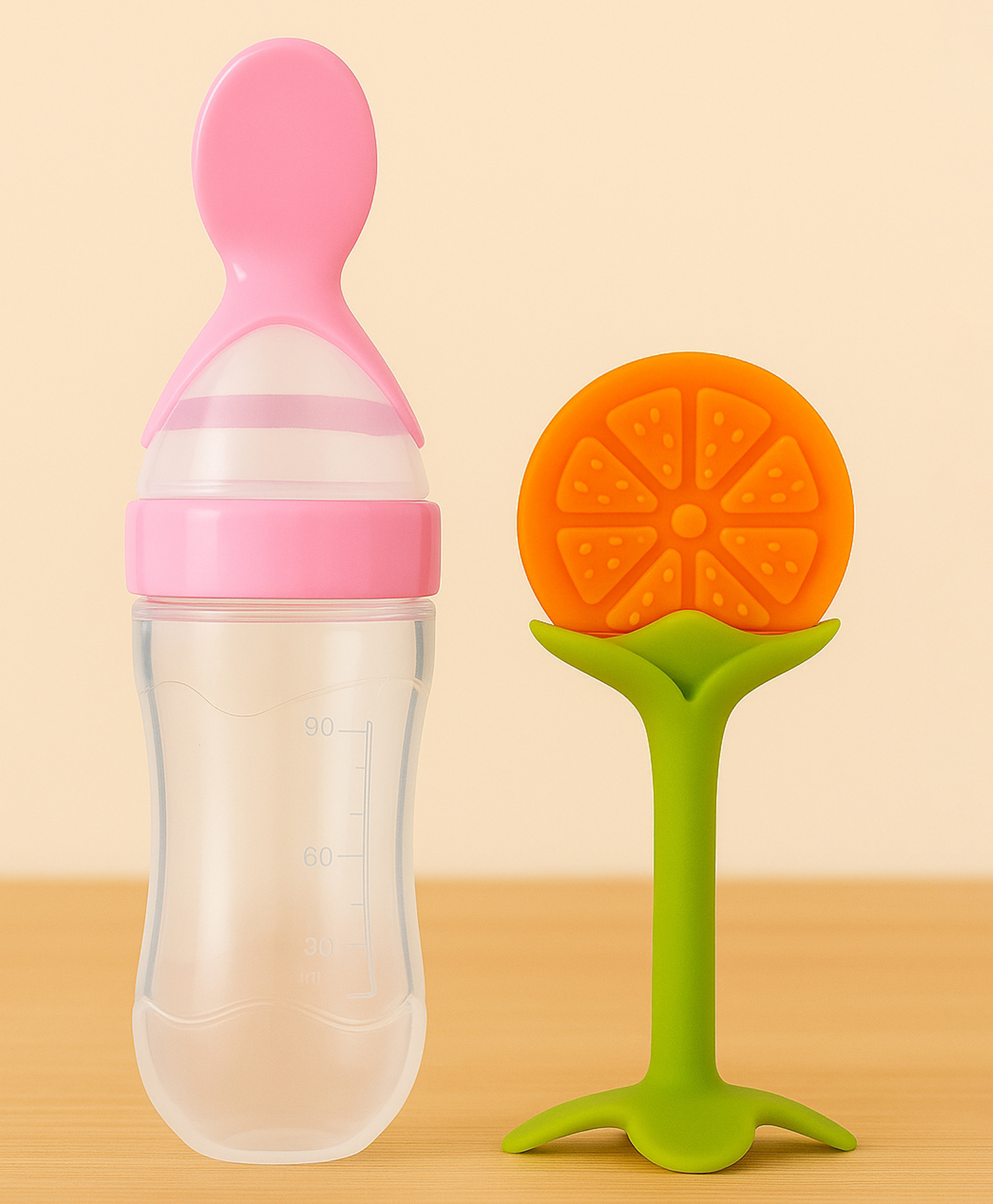 Badal Kidz Baby Silicone Spoon Bottle with Soft Teether Feeder Combo , BPA Free Feeding Set- Pink & Orange-image-29