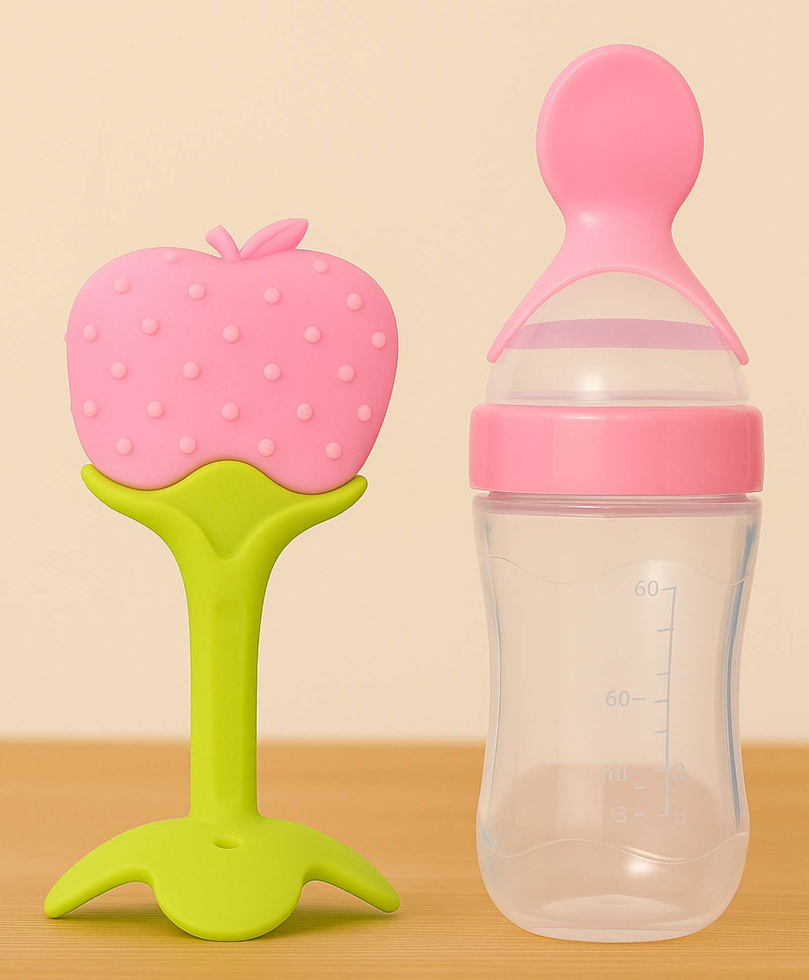 Badal Kidz Baby Silicone Spoon Bottle with Soft Teether Feeder Combo , BPA Free Feeding Set- Pink & Apple-image-30