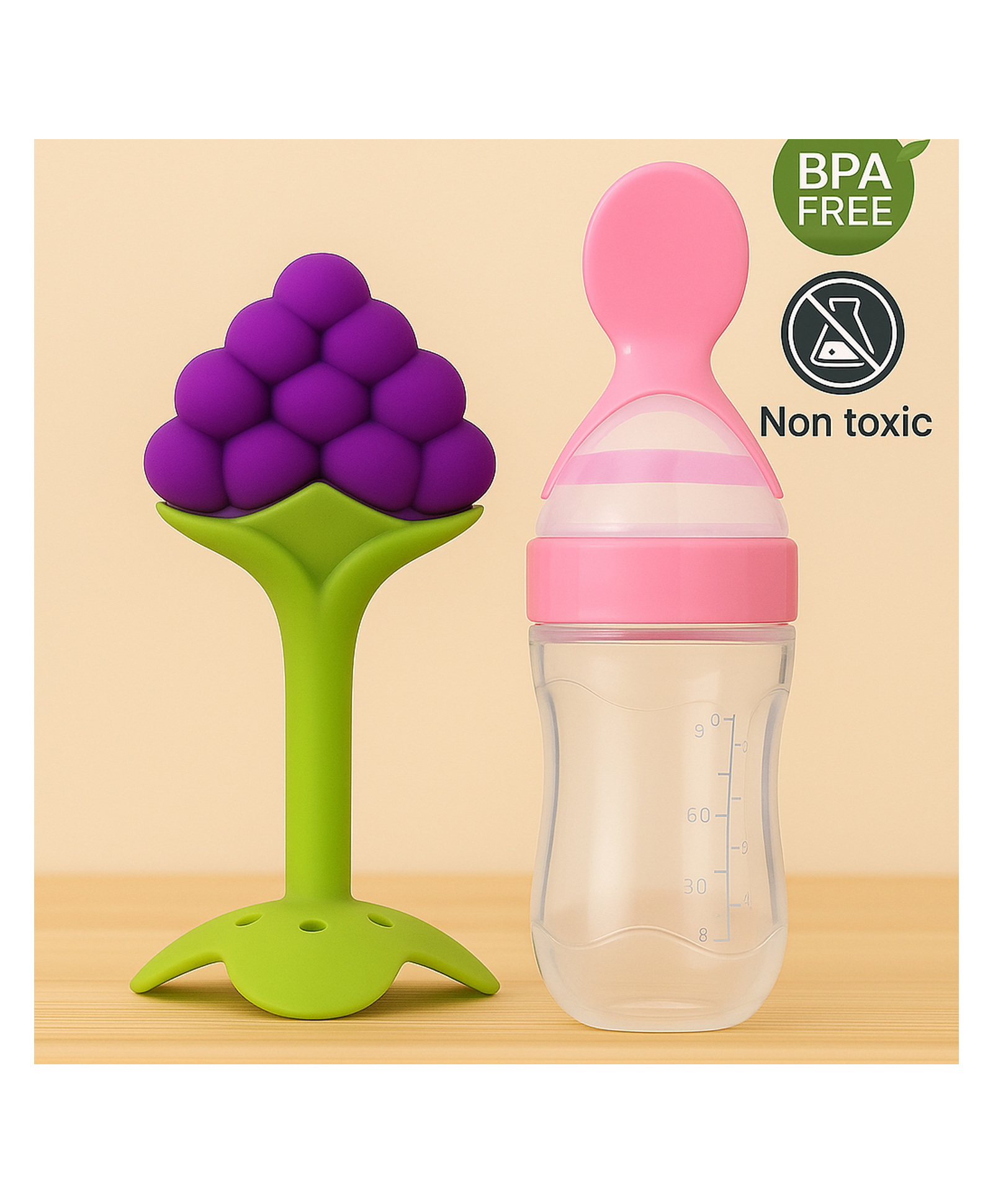 Badal Kidz Baby Silicone Spoon Bottle with Soft Teether Feeder Combo , BPA Free Feeding Set- Pink & Grapes-image-49
