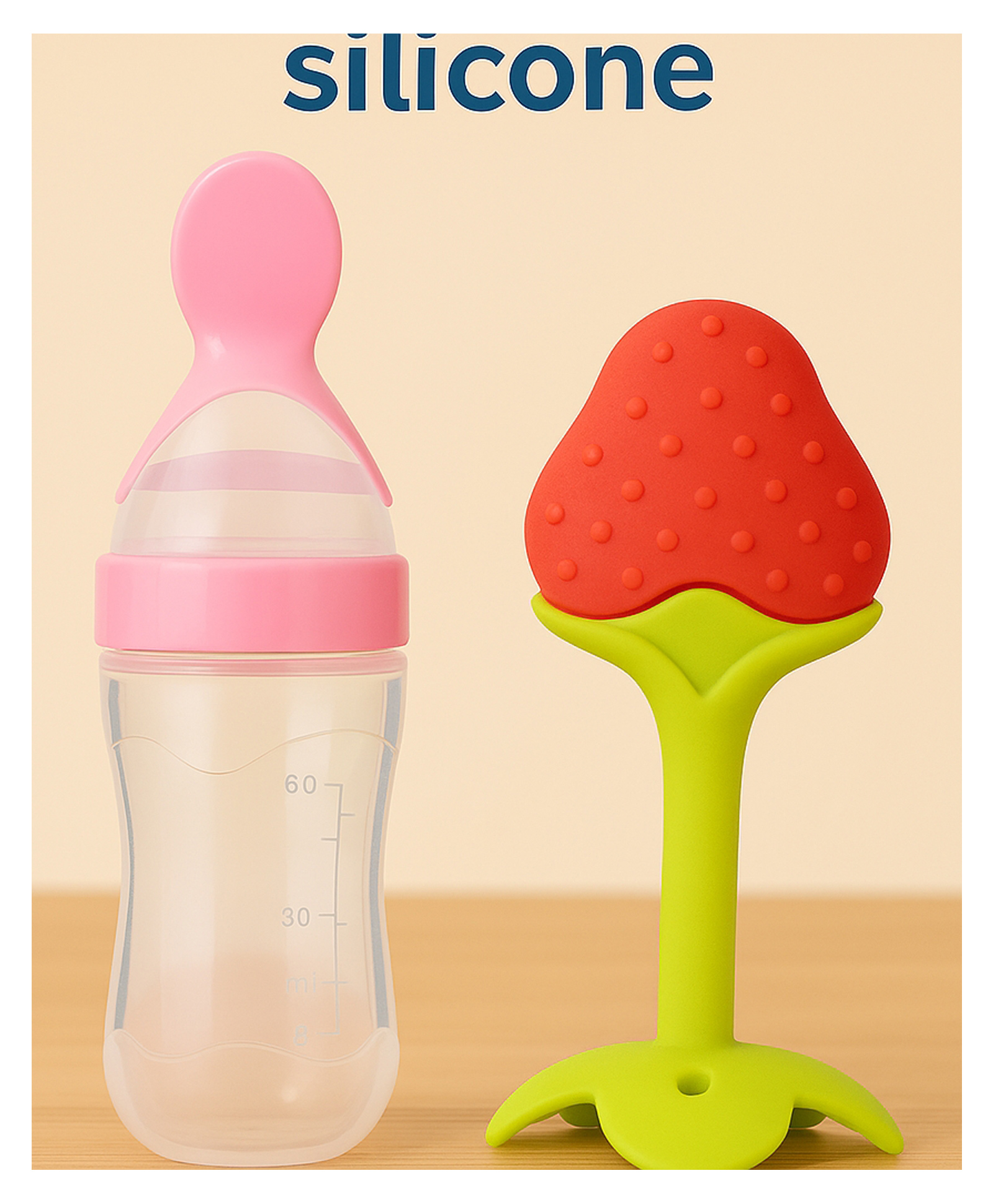 Badal Kidz Baby Silicone Spoon Bottle with Soft Teether Feeder Combo , BPA Free Feeding Set- Pink & Strawberry-picture-14