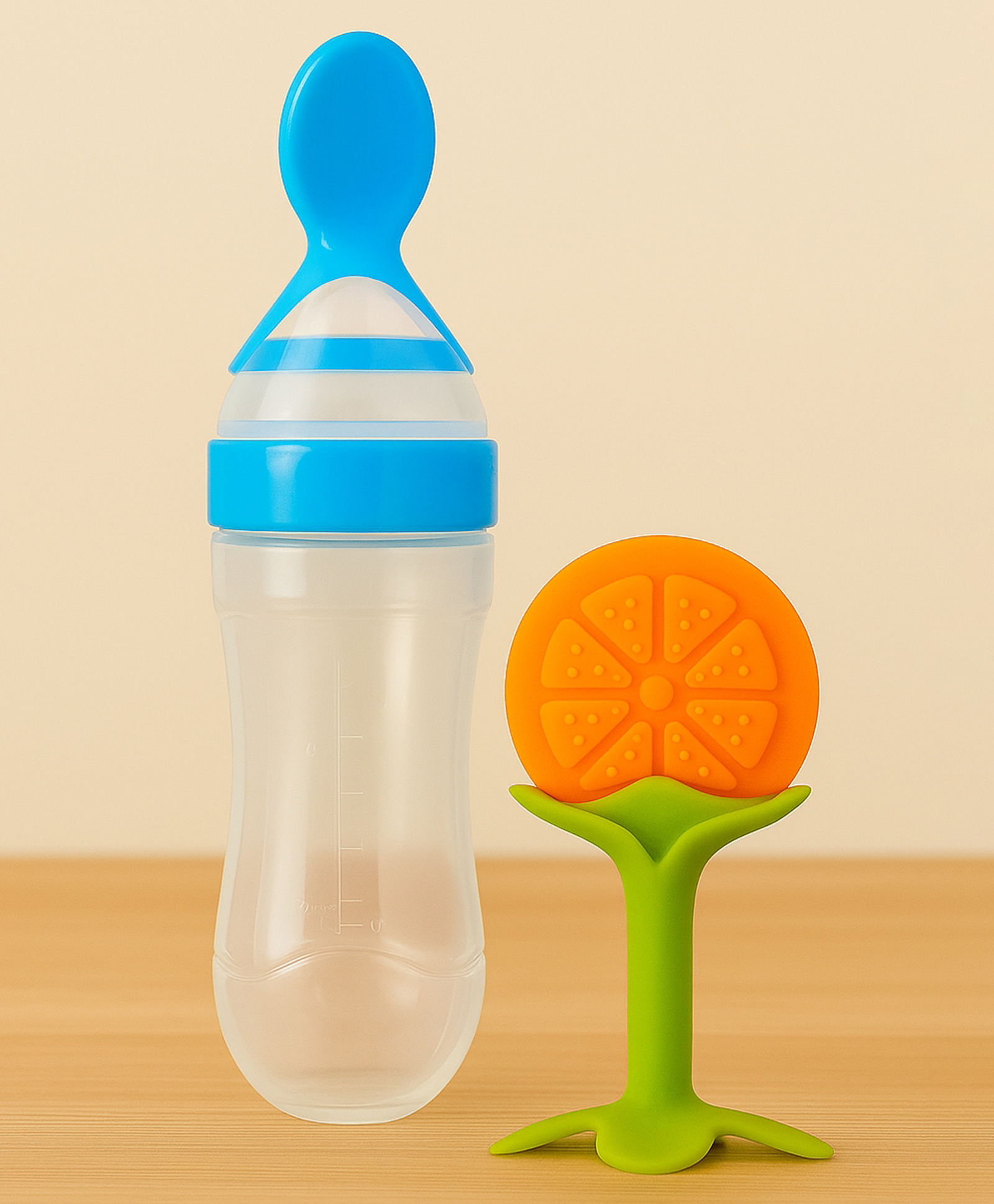 Badal Kidz Baby Silicone Spoon Bottle with Soft Teether Feeder Combo , BPA Free Feeding Set- Blue & Orange-image-33