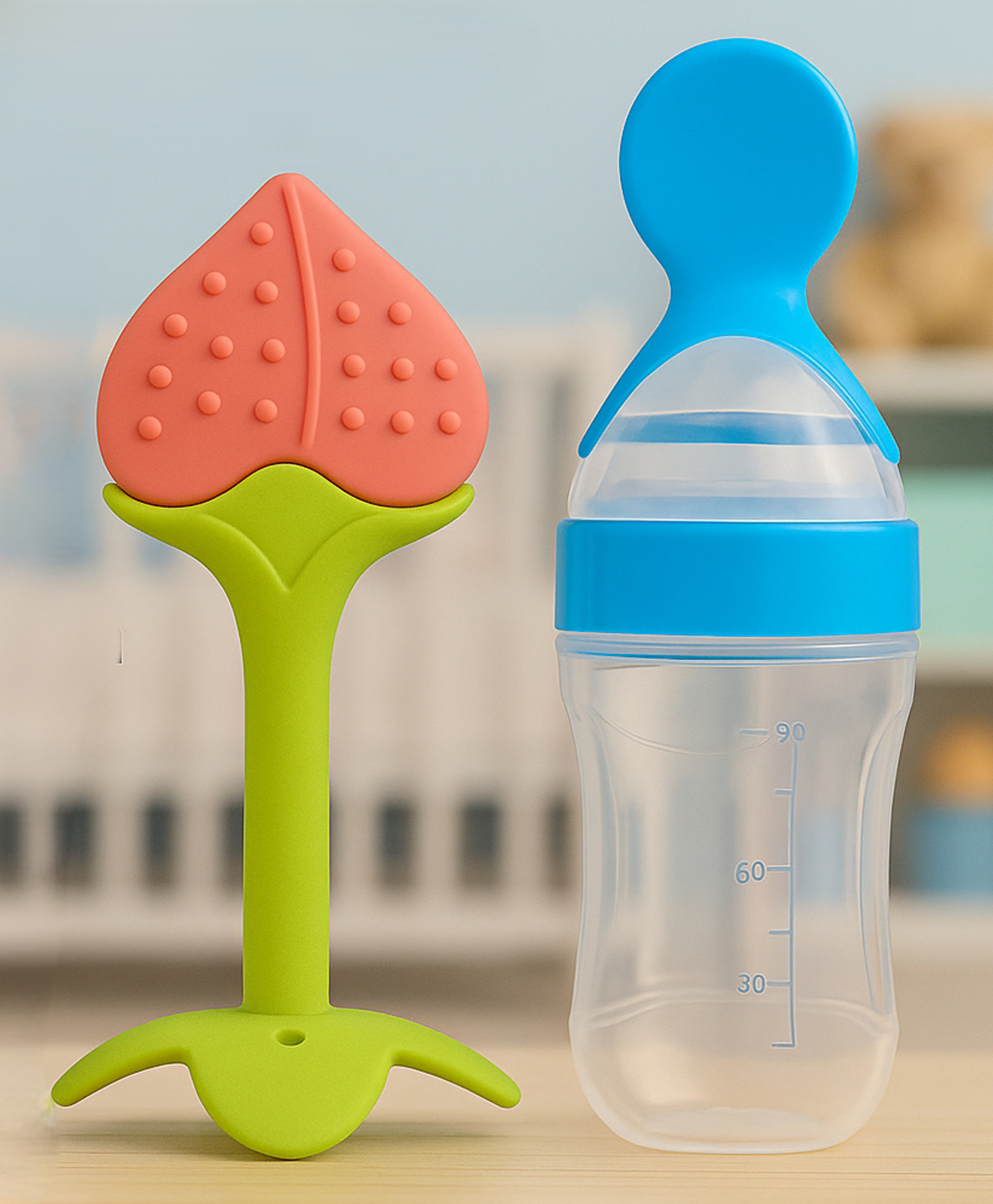 Badal Kidz Baby Silicone Spoon Bottle with Soft Teether Feeder Combo , BPA Free Feeding Set- Blue & Peach-picture-10
