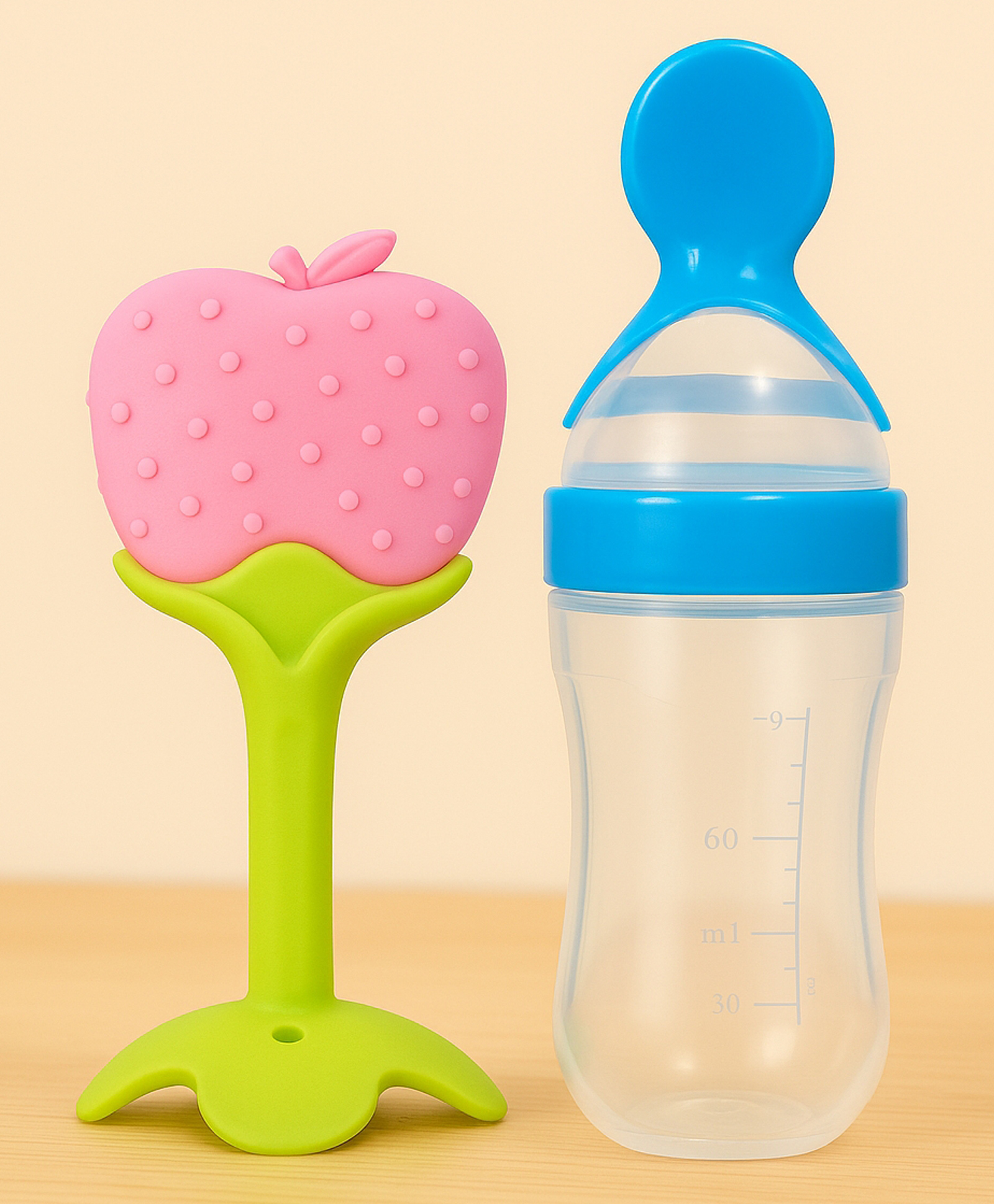 Badal Kidz Baby Silicone Spoon Bottle with Soft Teether Feeder Combo , BPA Free Feeding Set- Blue & Apple-image-19
