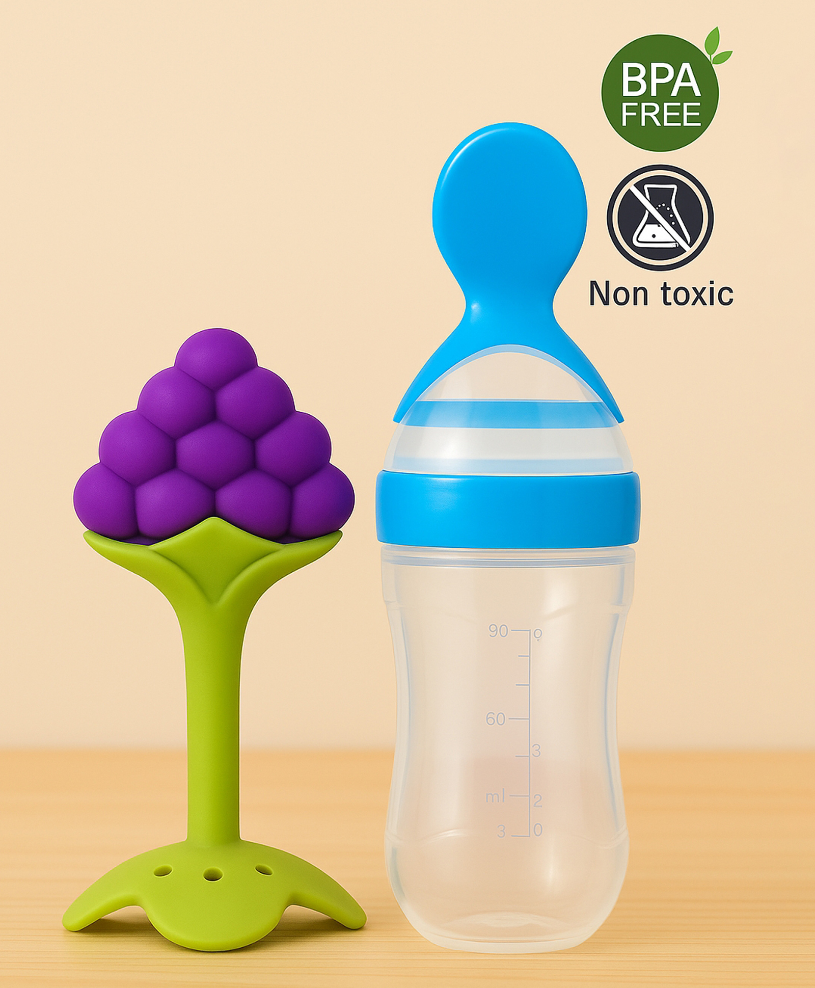 Badal Kidz Baby Silicone Spoon Bottle with Soft Teether Feeder Combo , BPA Free Feeding Set- Blue & Grapes-picture-31