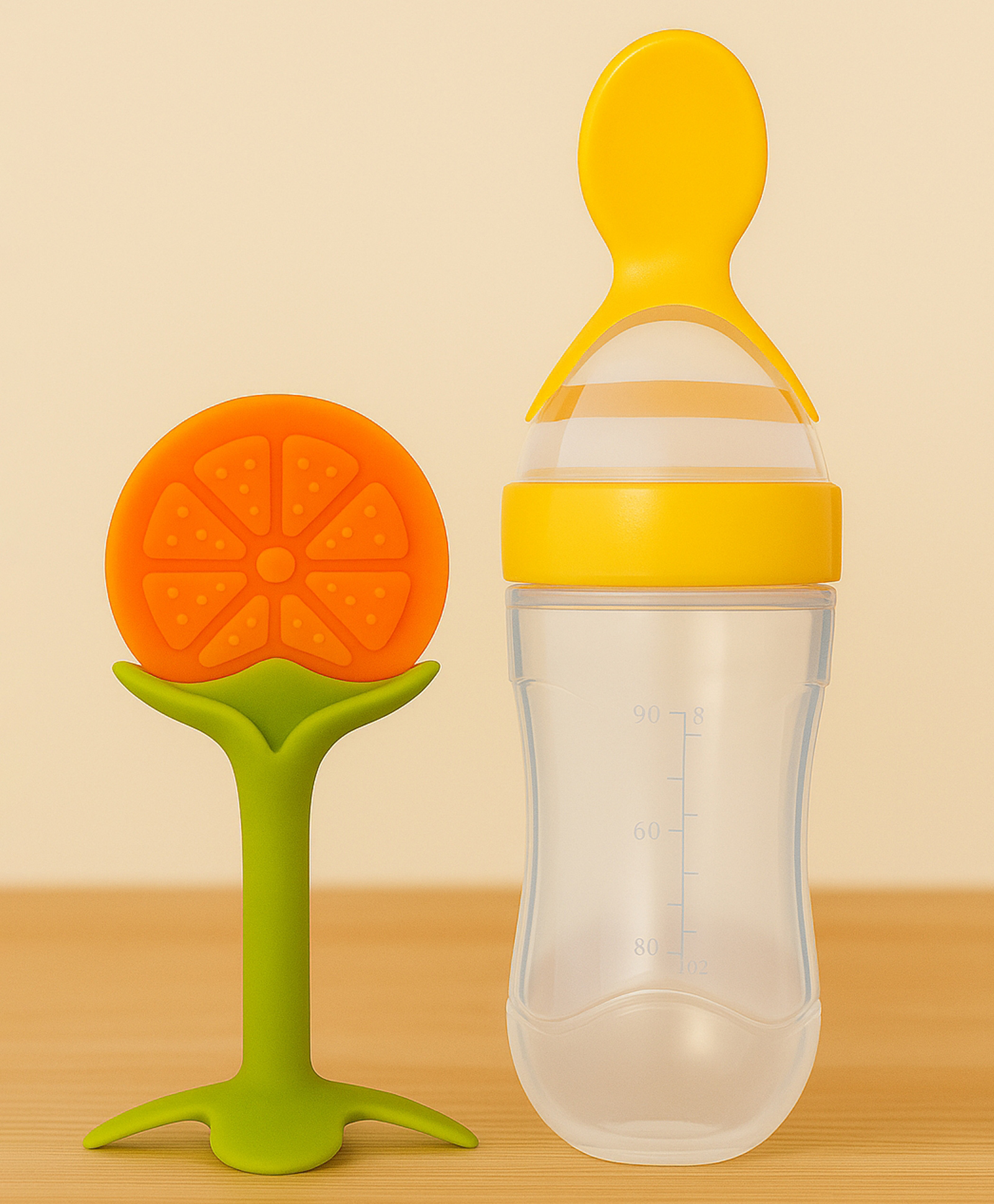 Badal Kidz Baby Silicone Spoon Bottle with Soft Teether Feeder Combo , BPA Free Feeding Set- Yellow & Orange-picture-32