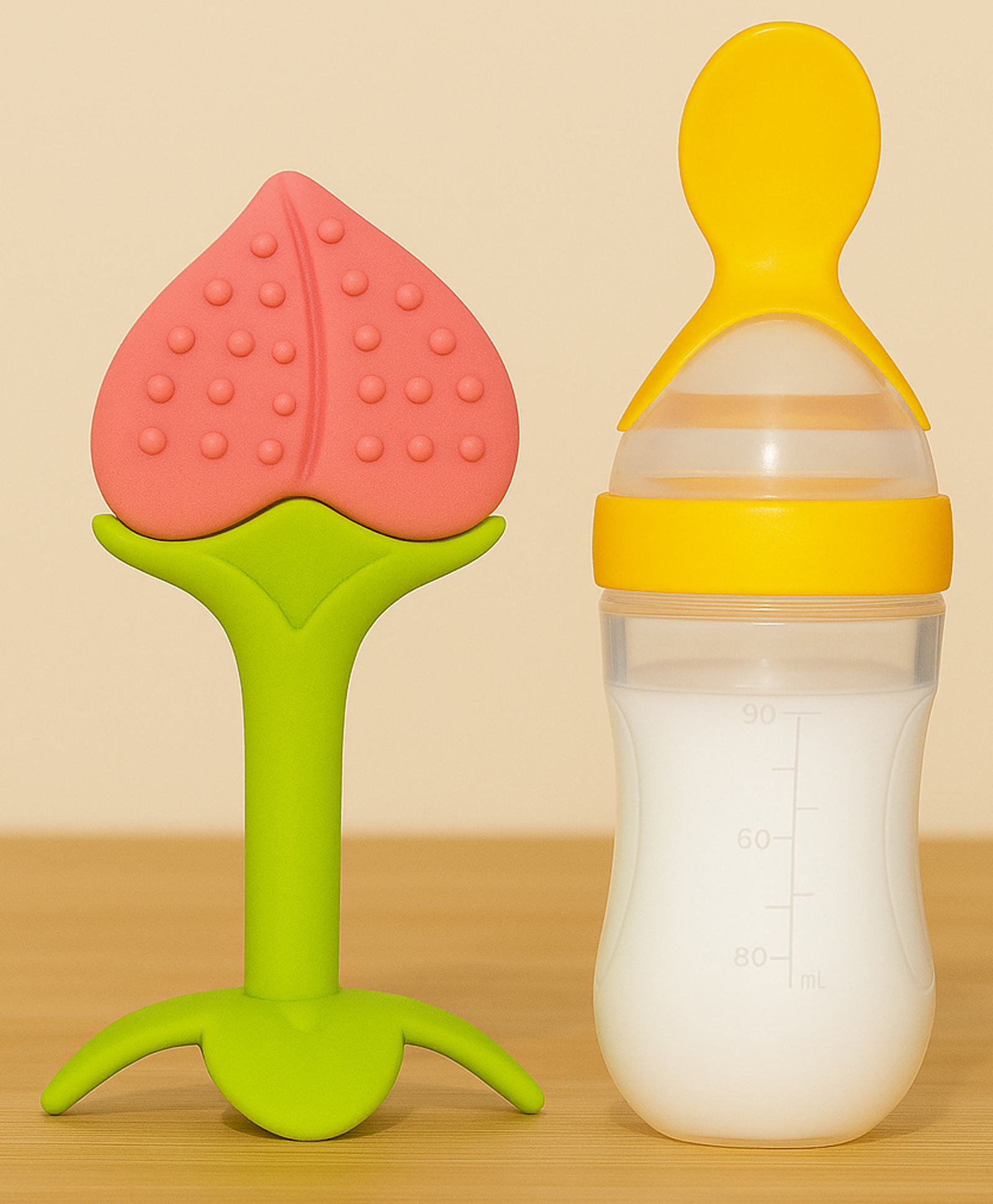 Badal Kidz Baby Silicone Spoon Bottle with Soft Teether Feeder Combo , BPA Free Feeding Set- Yellow & Peach-picture-19