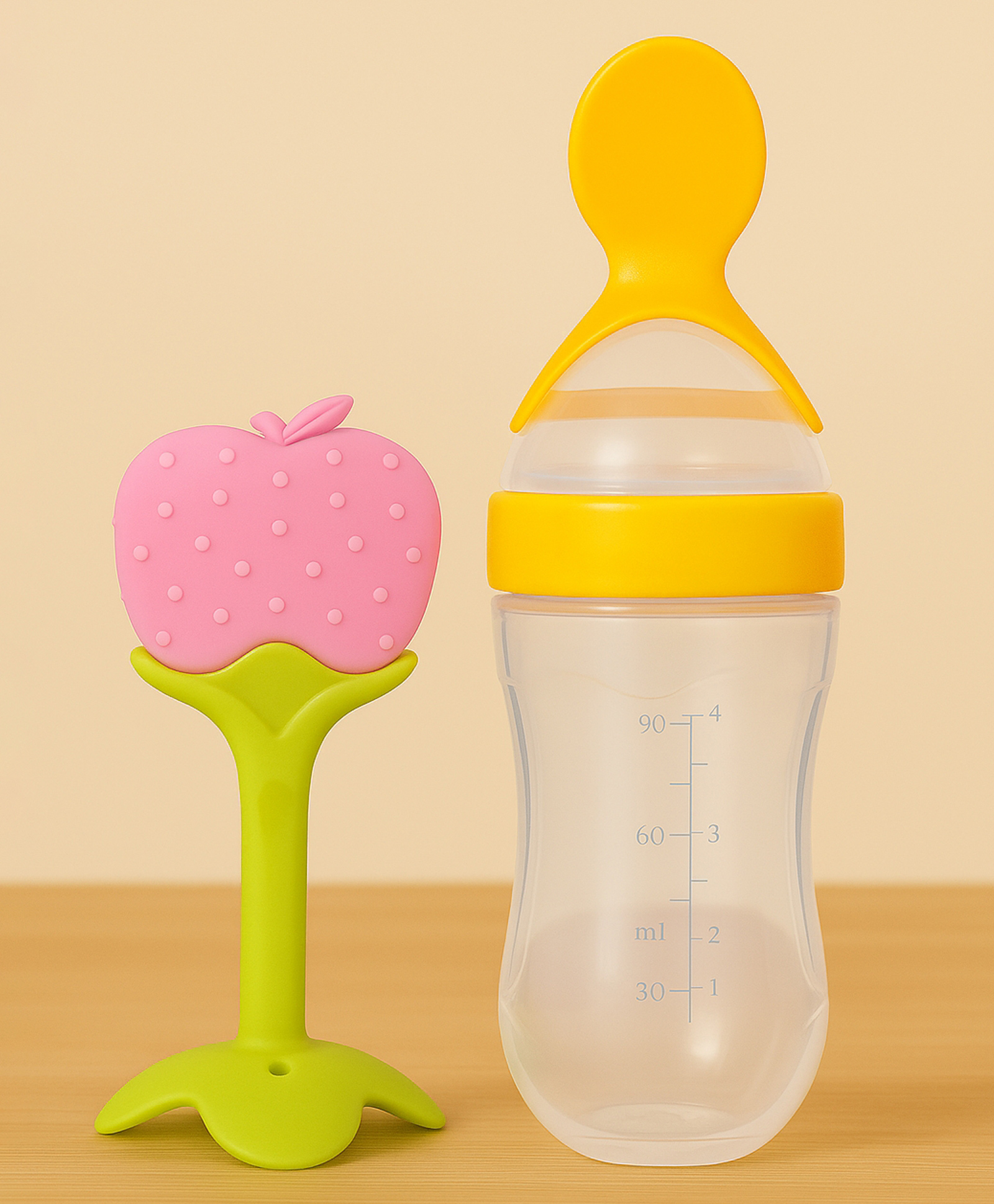 Badal Kidz Baby Silicone Spoon Bottle with Soft Teether Feeder Combo , BPA Free Feeding Set- Yellow & Apple-picture-34