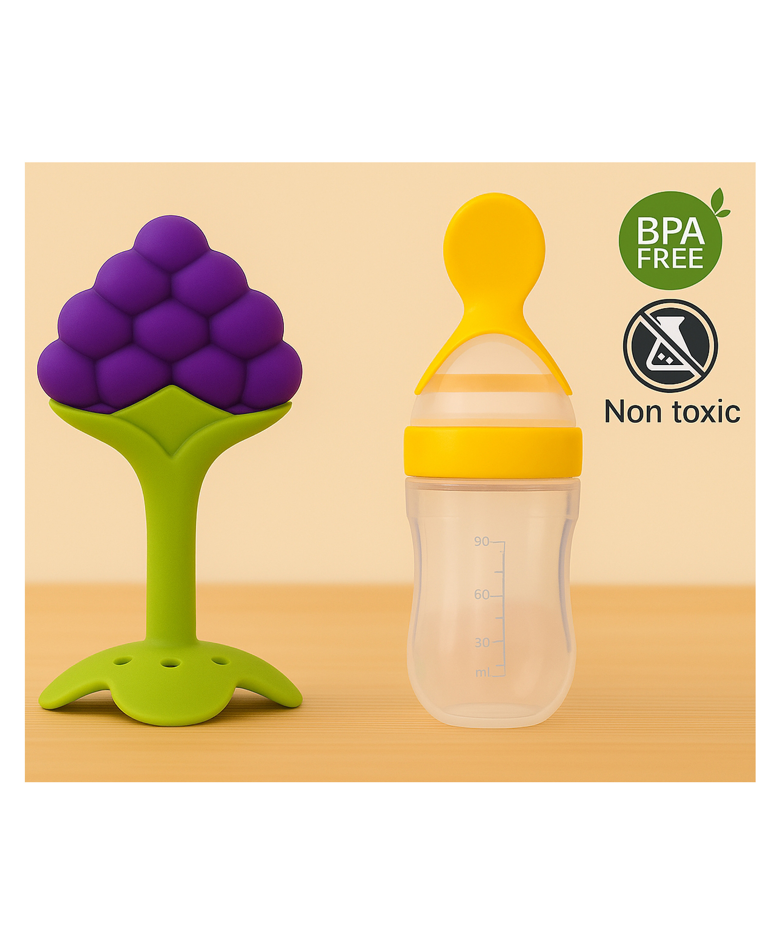 Badal Kidz Baby Silicone Spoon Bottle with Soft Teether Feeder Combo , BPA Free Feeding Set- Yellow & Grapes-picture-17