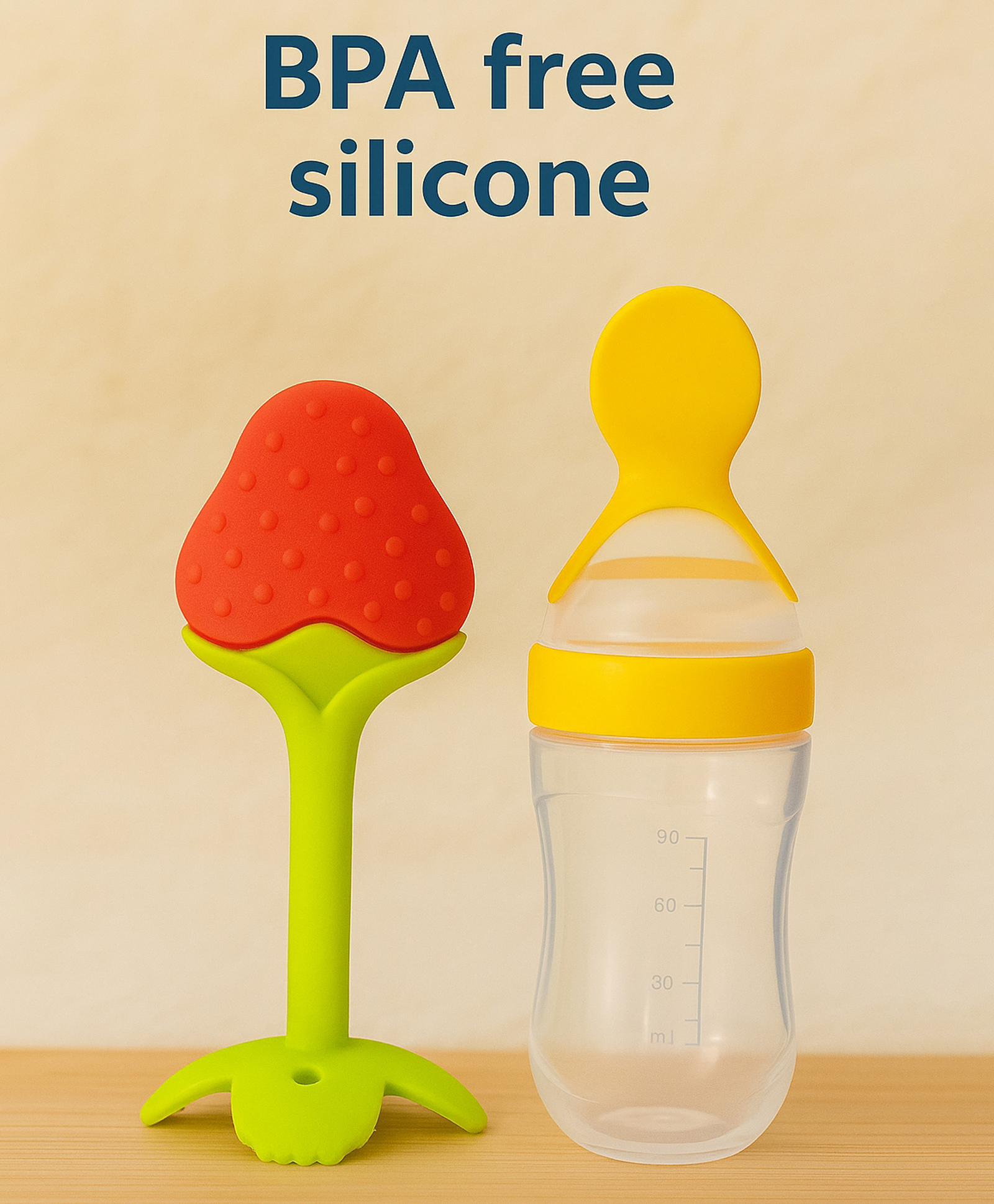 Badal Kidz Baby Silicone Spoon Bottle with Soft Teether Feeder Combo , BPA Free Feeding Set- Yellow & Strawberry-picture-18