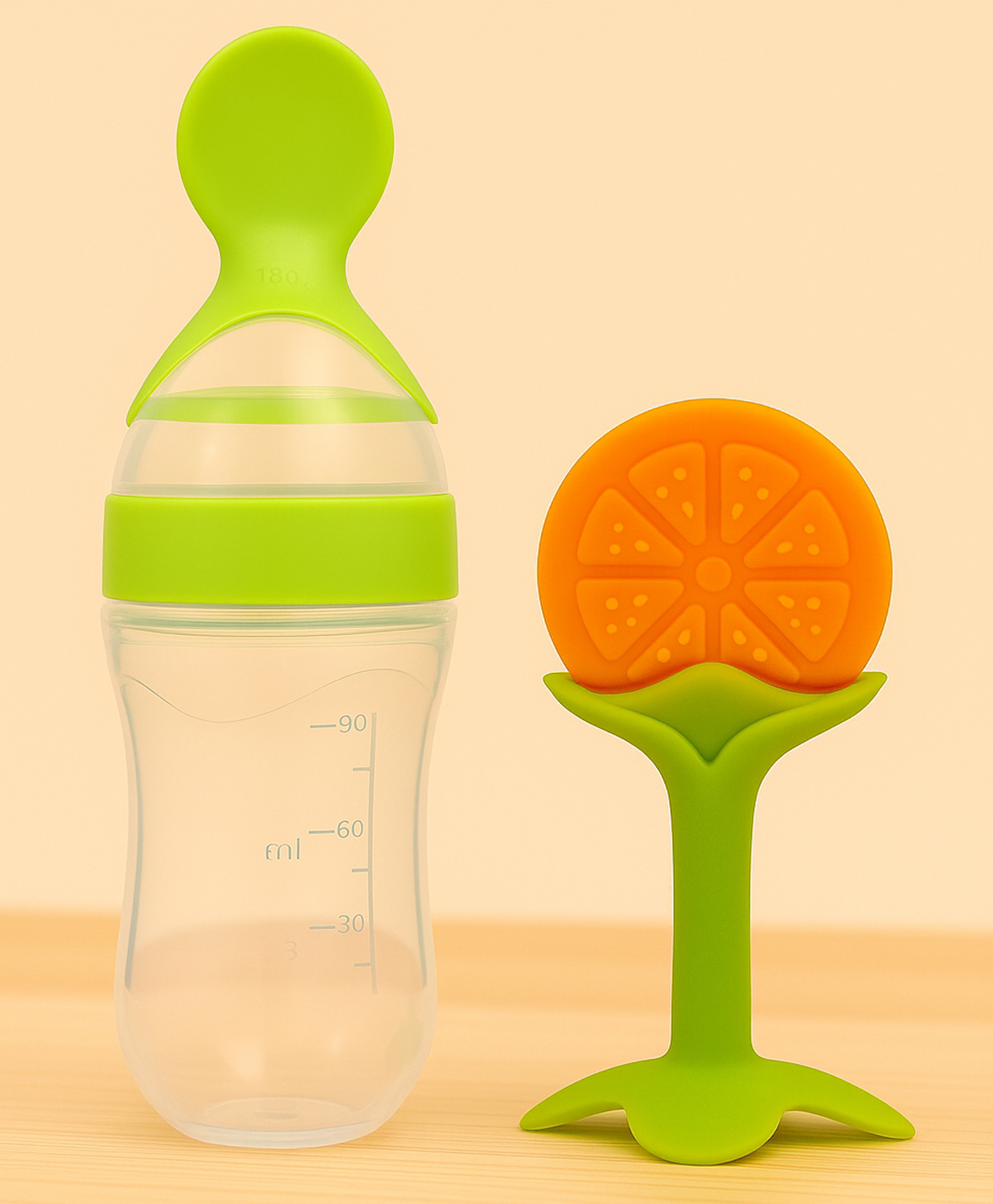 Badal Kidz Baby Silicone Spoon Bottle with Soft Teether Feeder Combo , BPA Free Feeding Set- Green & Orange-image-20