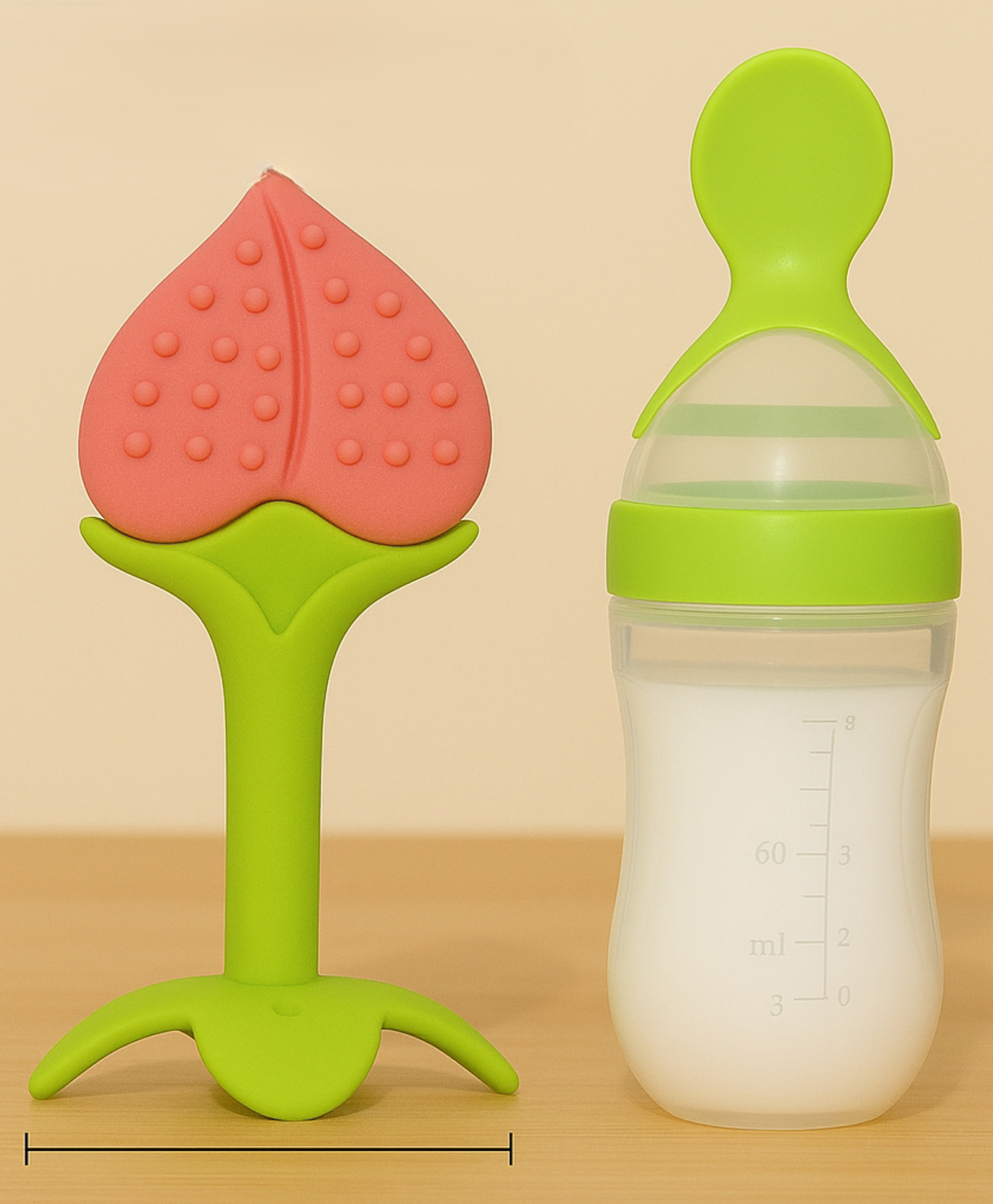 Badal Kidz Baby Silicone Spoon Bottle with Soft Teether Feeder Combo , BPA Free Feeding Set- Green & Peach-picture-12