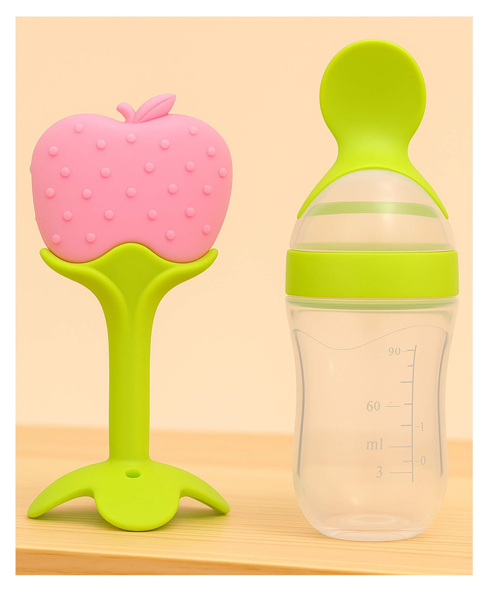 Badal Kidz Baby Silicone Spoon Bottle with Soft Teether Feeder Combo , BPA Free Feeding Set- Green & Apple-picture-36
