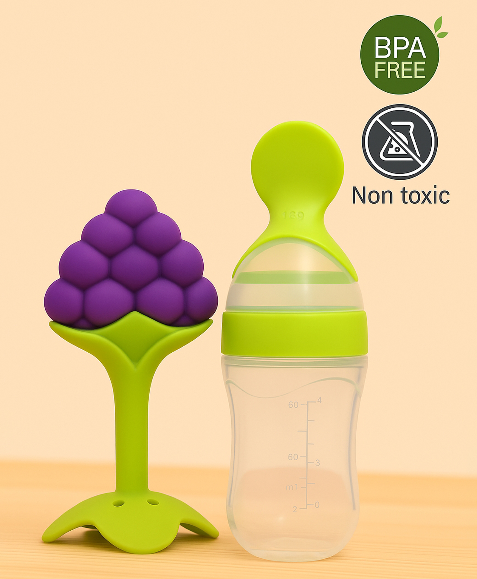 Badal Kidz Baby Silicone Spoon Bottle with Soft Teether Feeder Combo , BPA Free Feeding Set- Green & Grapes-picture-12