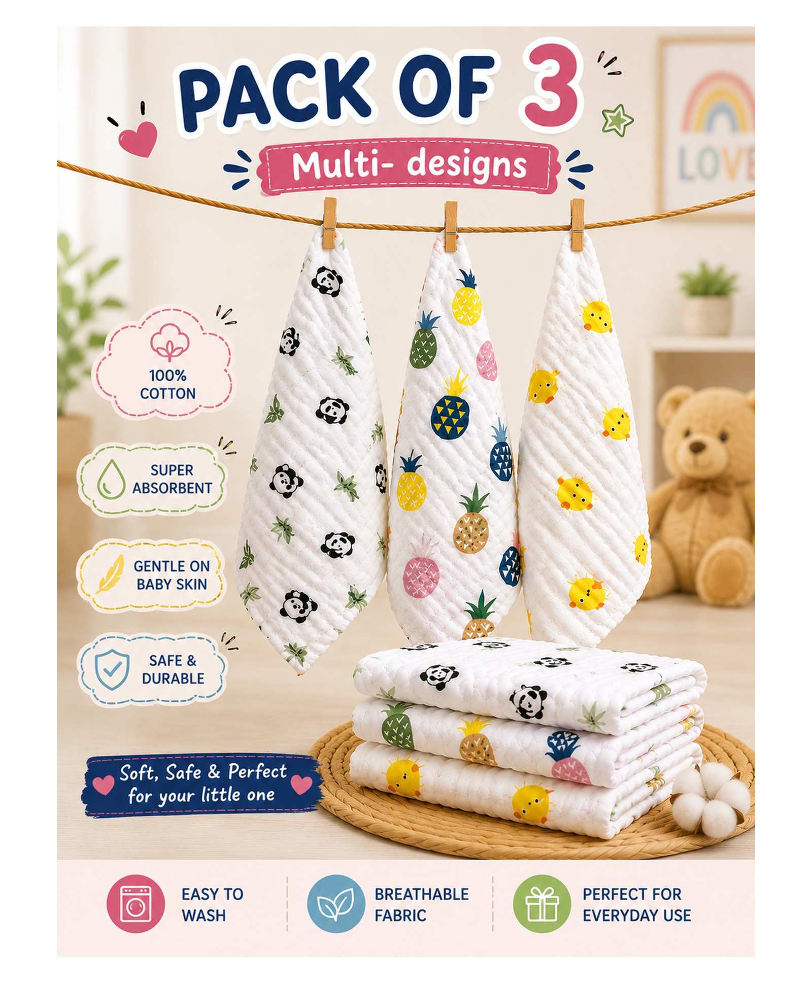 Badal Kidz Premium Muslin Baby Hanky - Ultra Soft, Absorbent, Multipurpose Cloth for Newborns & Infants Set of 3-image-49
