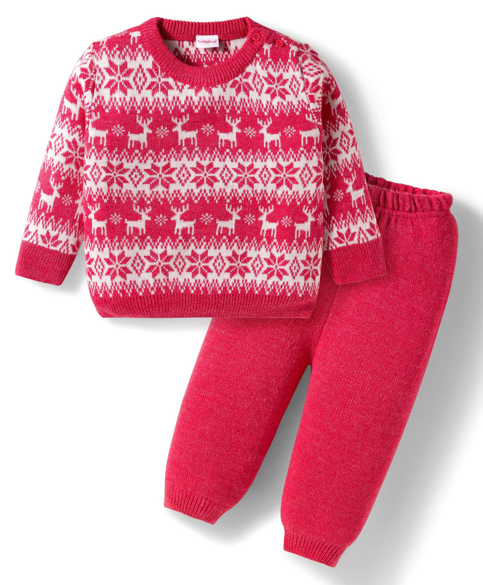 Babyhug Knit Full Sleeves Christmas Theme Printed Sweater Set - Dark Pink-image-39