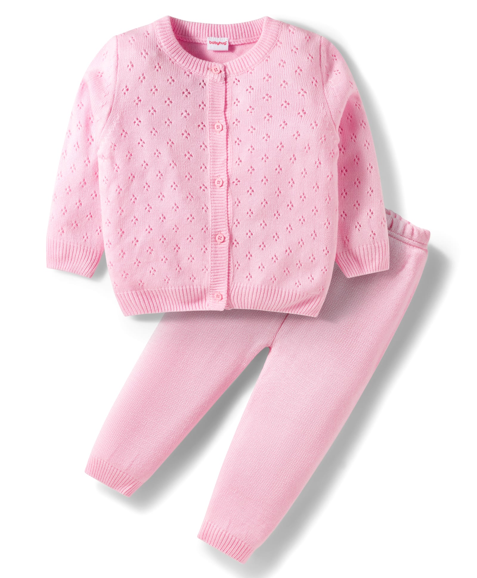 Babyhug Cotton Knit Full Sleeves Front Open Sweater Set - Pink-image-32