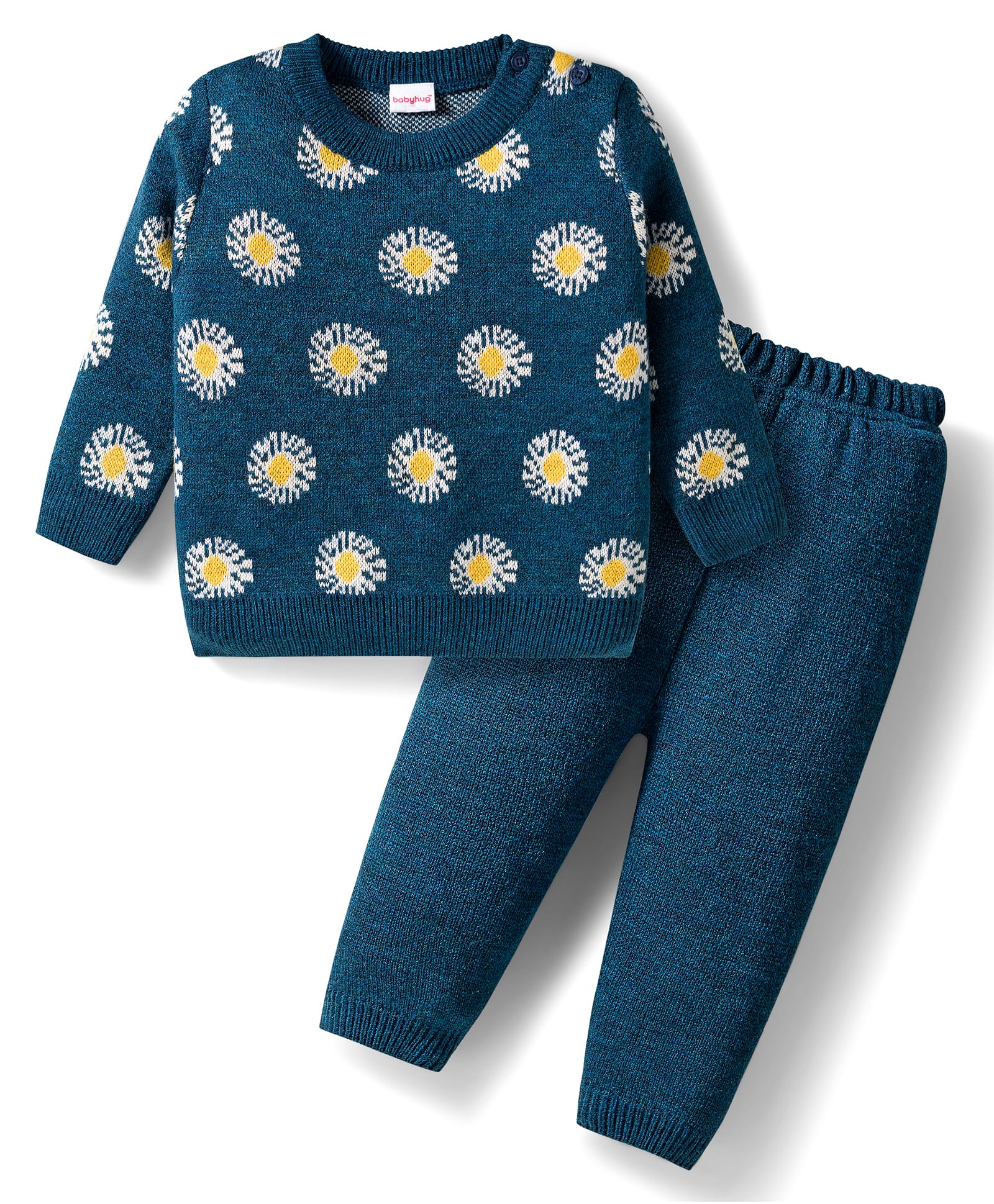Babyhug Knit Full Sleeves Sweater Set with Floral Design - Teal Blue-image-22
