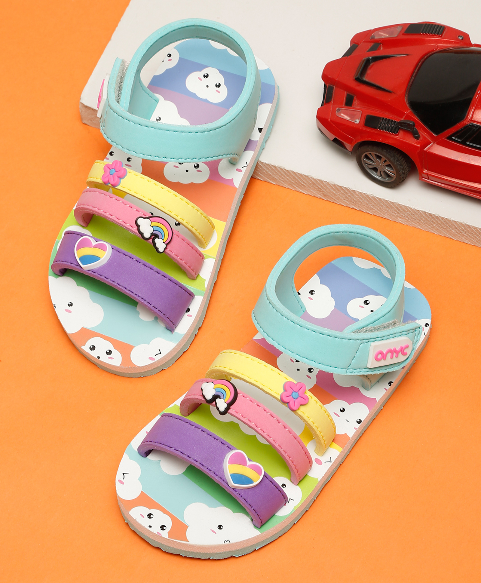 ONYC Cloud Designed Heart & Rainbow Applique Detailed Velcro Closure Sandals - Sea Green-image-47