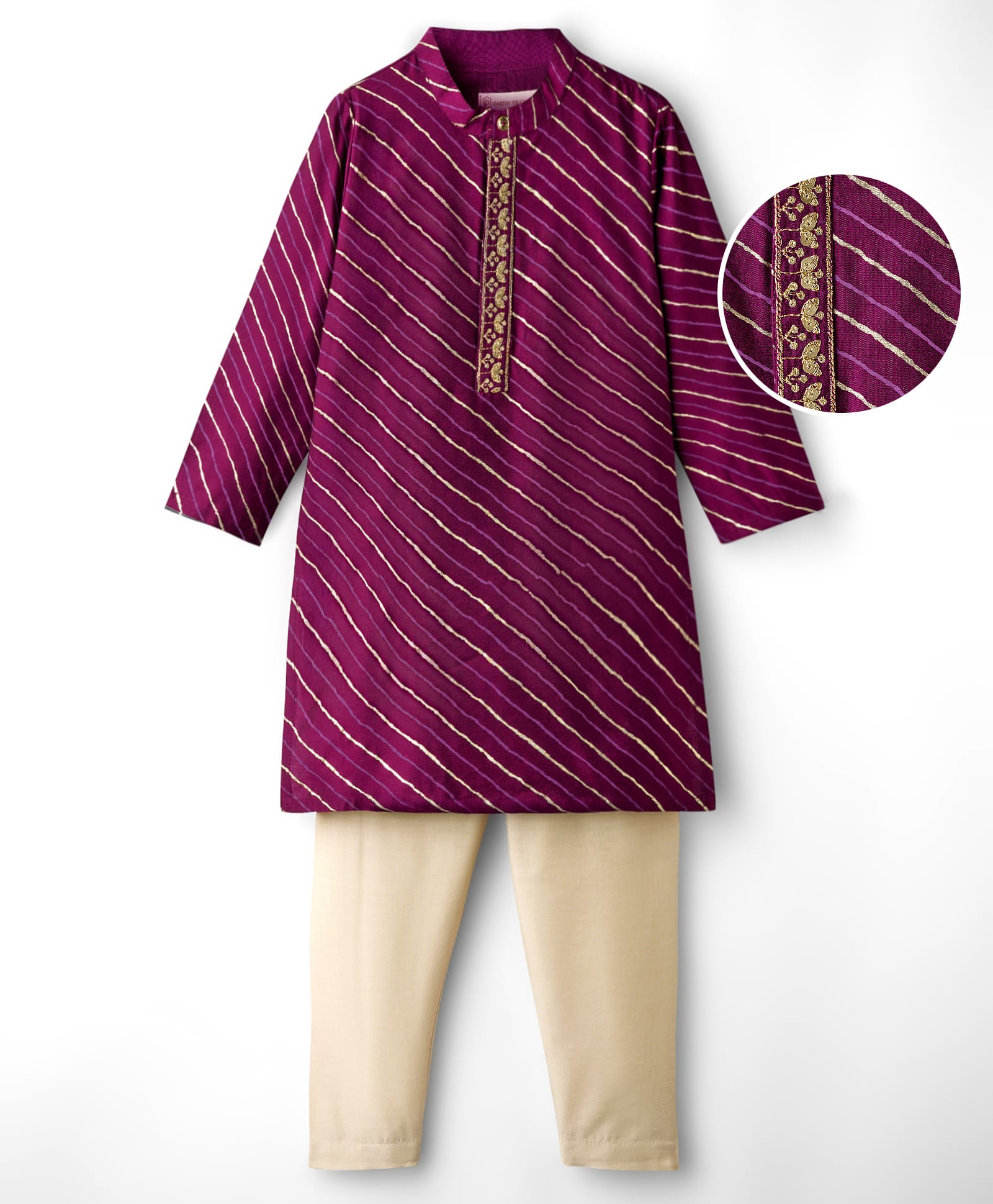 EARTHY TOUCH Woven Full Sleeves Kurta Pyjama Set with Foil Print & Floral Embroidery - Wine-image-42