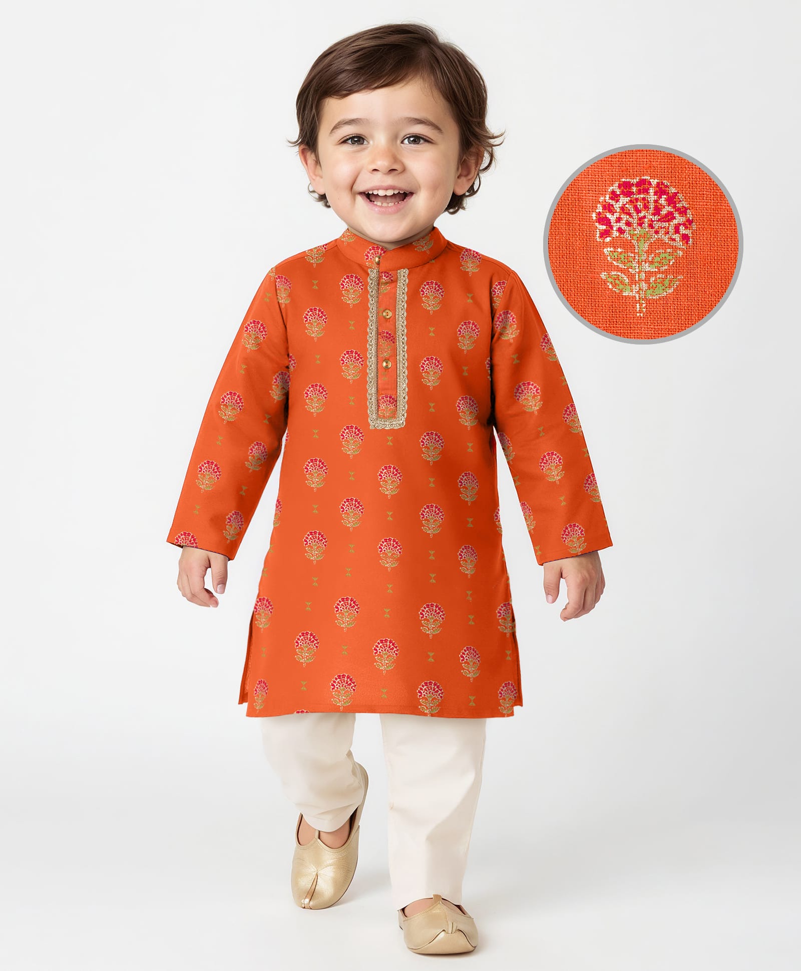 EARTHY TOUCH Woven Full Sleeves Kurta Pajama Set With Floral Print - Orange-image-31