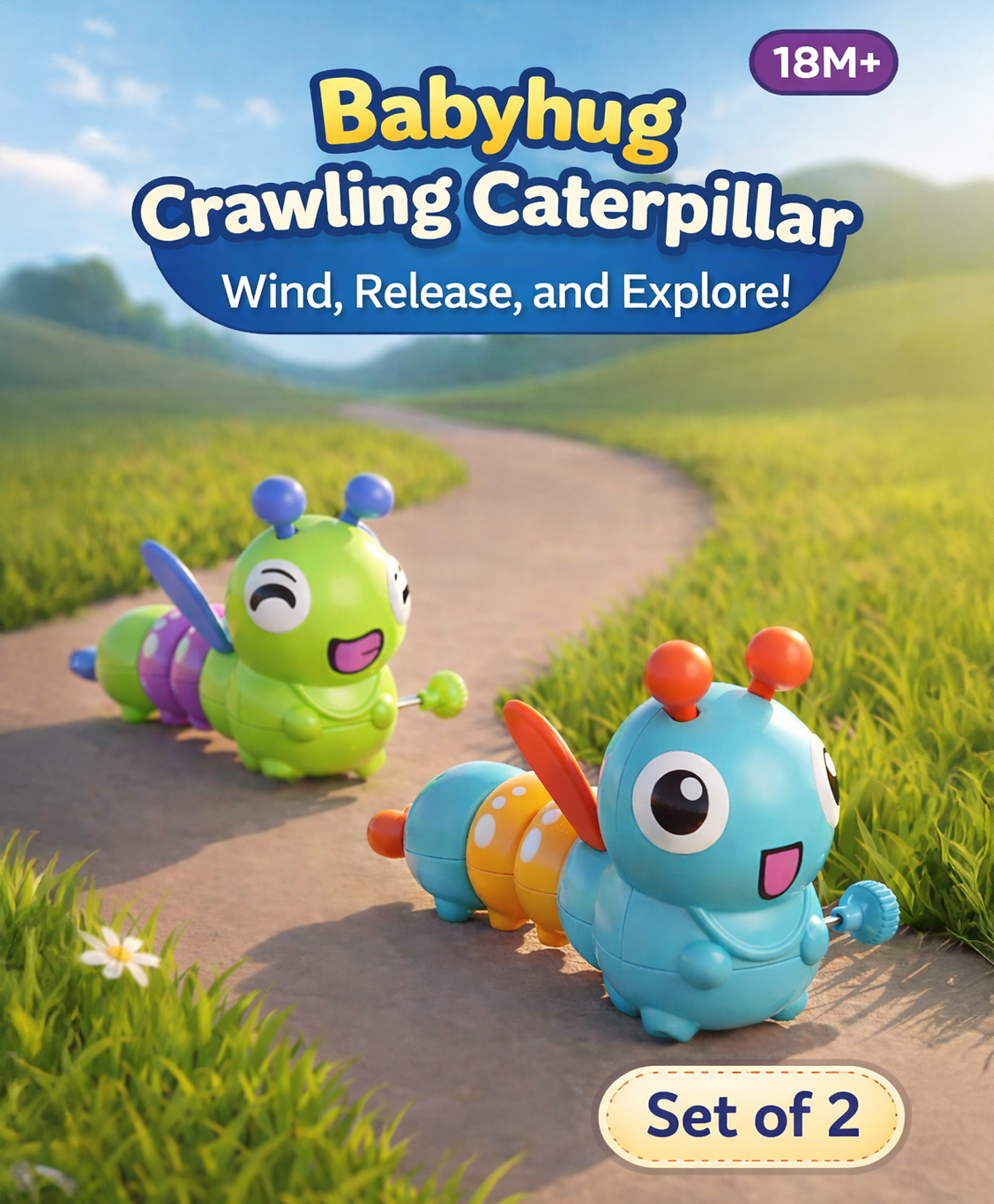 Babyhug Dancing Colorful|Crawling Caterpillar Toy|Wind-Up Mechanism & Gear Movement|Fun Early Learning Activity for Toddlers|BIS|No Batteries Needed|Safe&Engaging|Pack of 2 pcs-(Blue/Green)-image-4