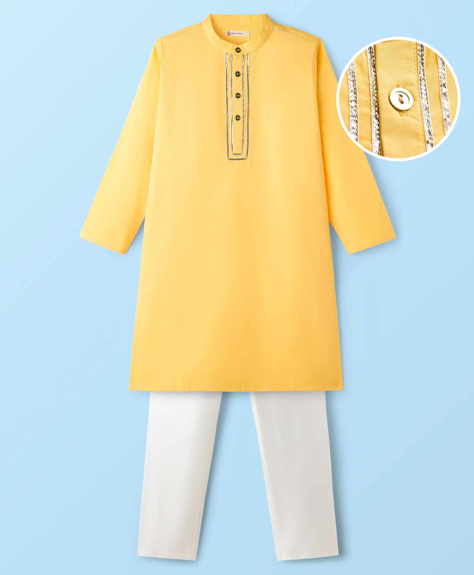 EARTHY TOUCH Cotton Woven Full Sleeves Solid Kurta Pyjama Set - Yellow-image-12