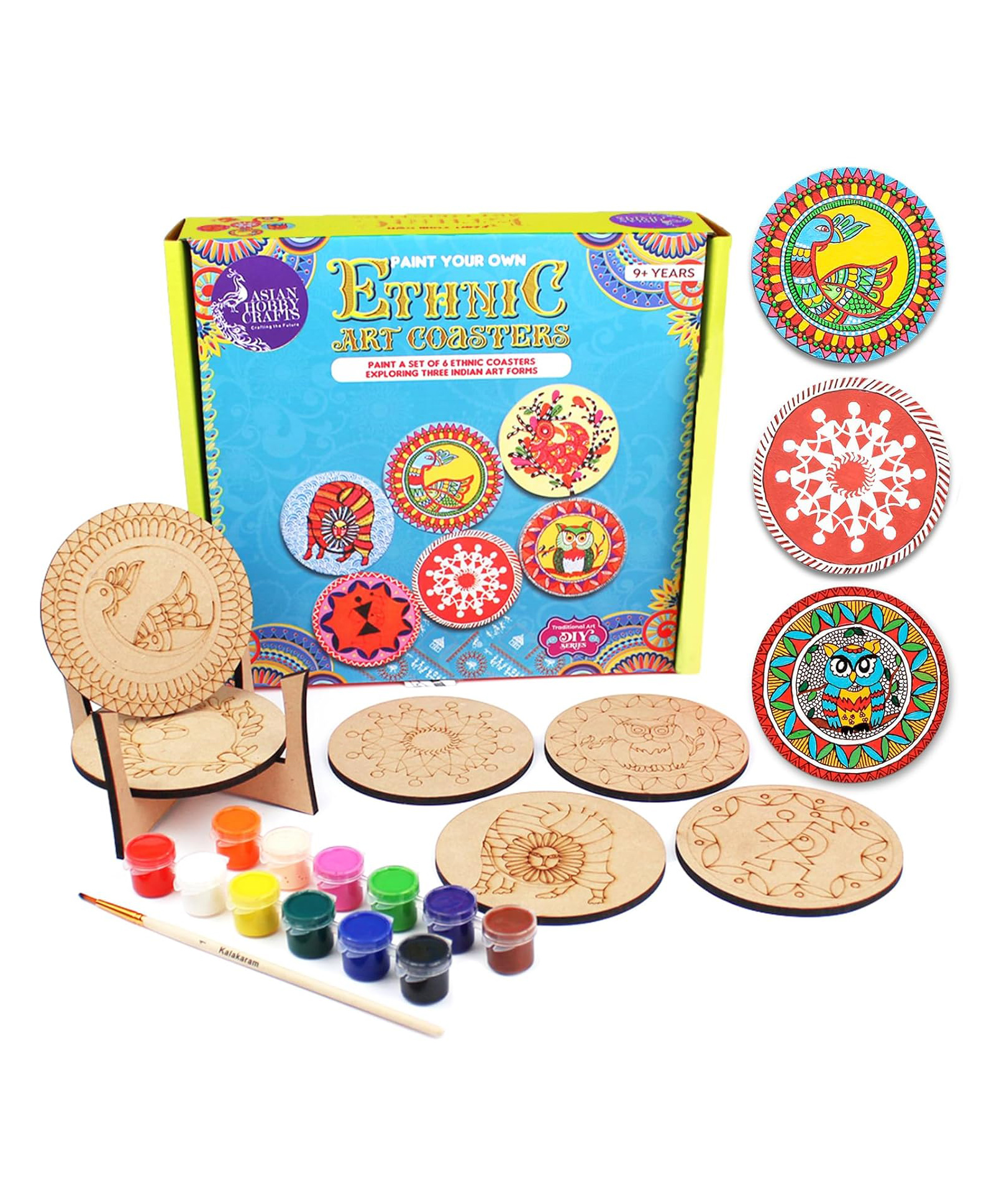 Asian Hobby Crafts DIY Ethnic Coaster Painting Kit With MDF Coaster & Color Sets - Multicolor-image-16