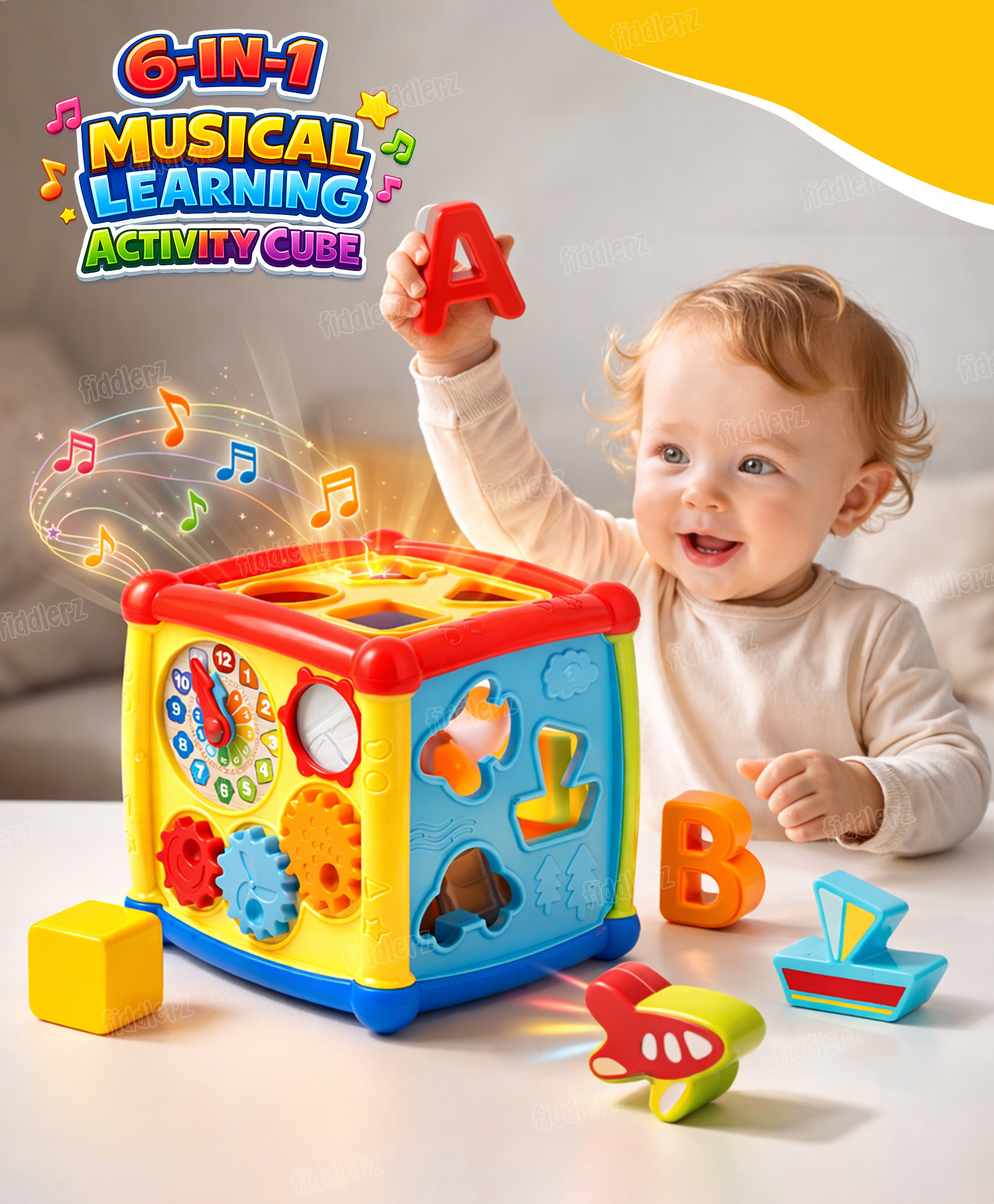 Fiddlerz Musical Fancy Cube 6 in 1 Educational and Learning Activity Toy Blocks Clock & Alphabets Early Development Learning Toy - Multicolor (Battery Included)-image-47