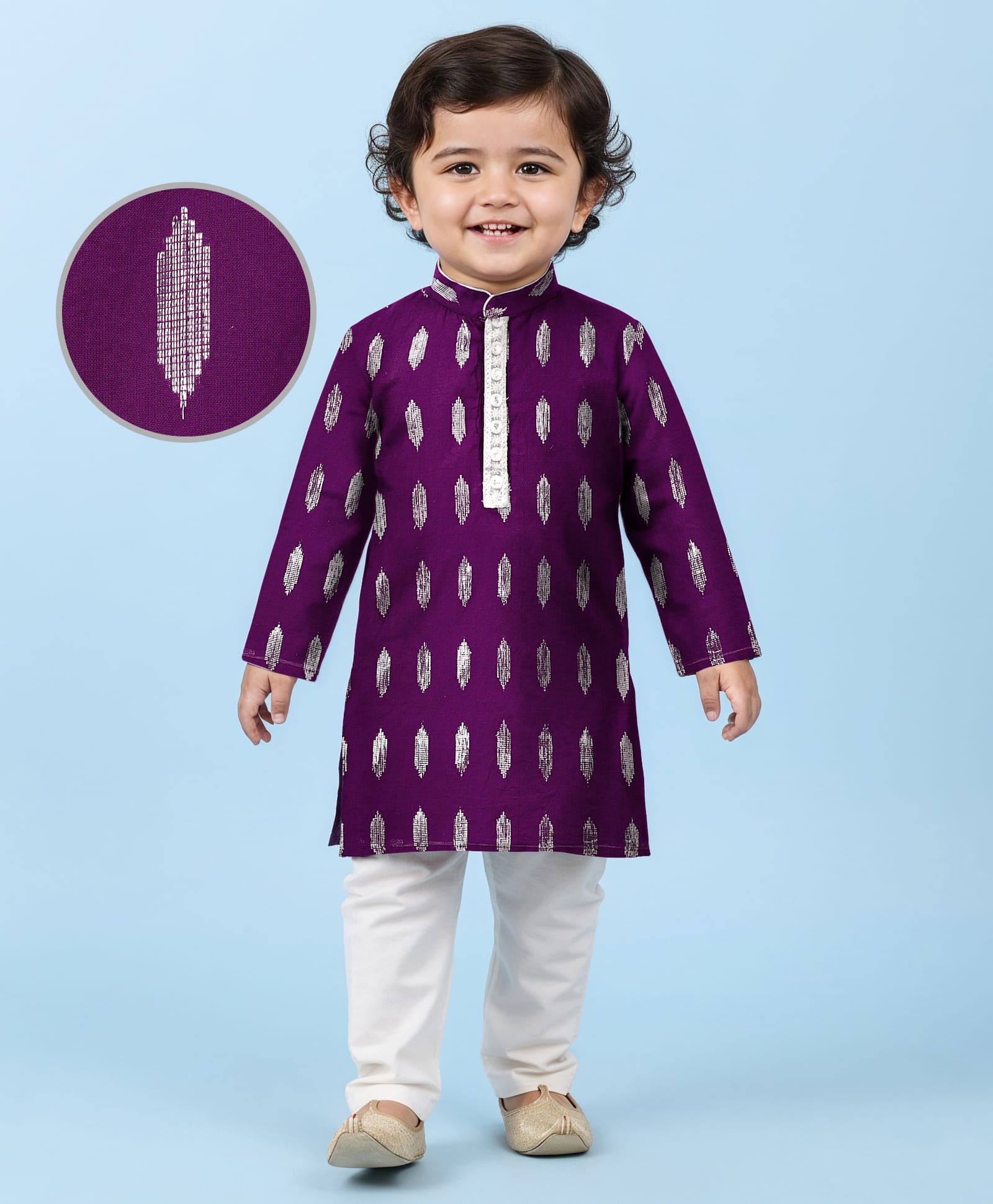 EARTHY TOUCH Cotton Lurex Woven Full Sleeves Kurta Pyjama Set with Lace Detailing - Purple-image-22