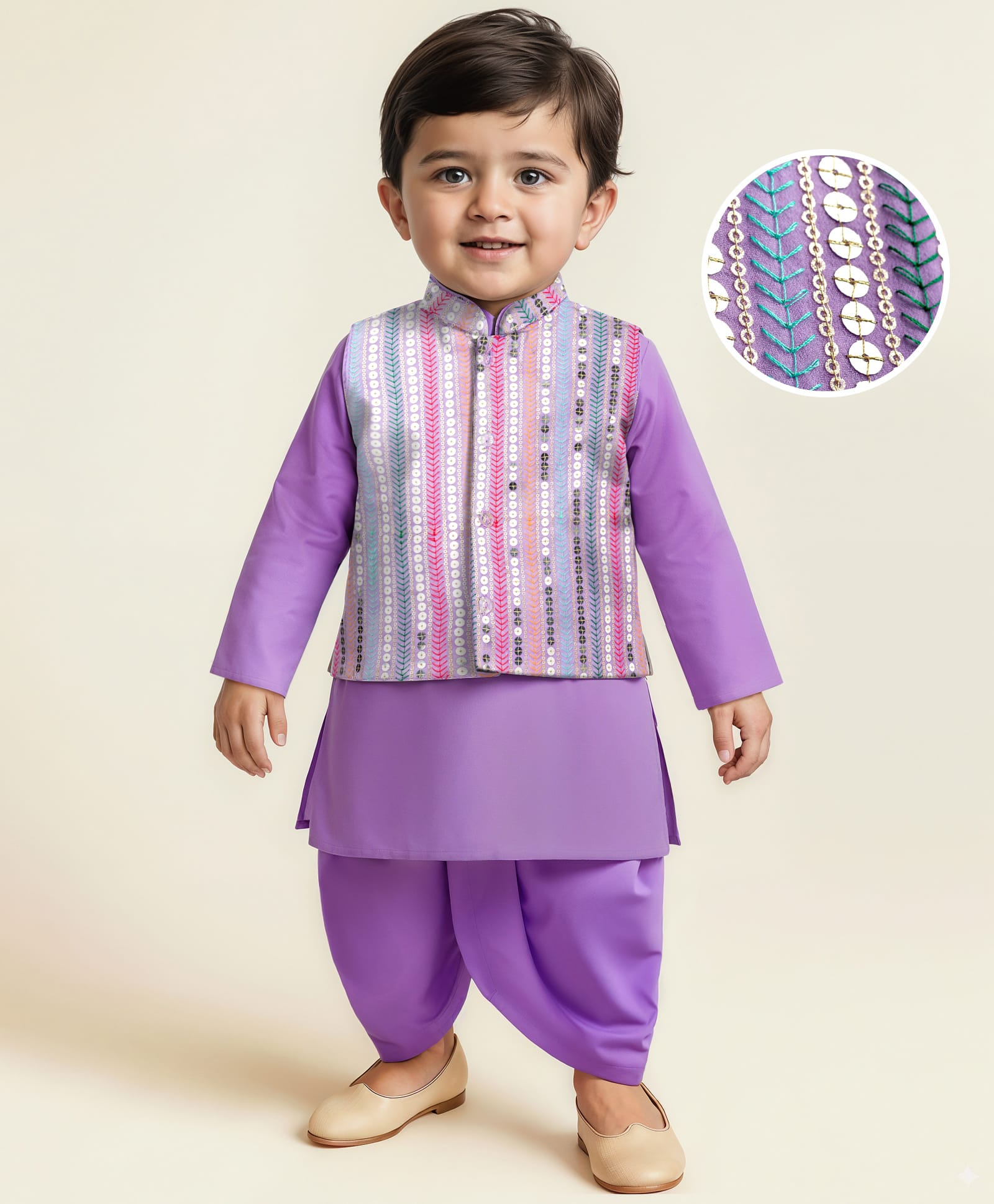 EARTHY TOUCH Woven Full Sleeves Kurta Dhoti & Jacket Set With Sequin Detailing & Embroidery - Purple-picture-27