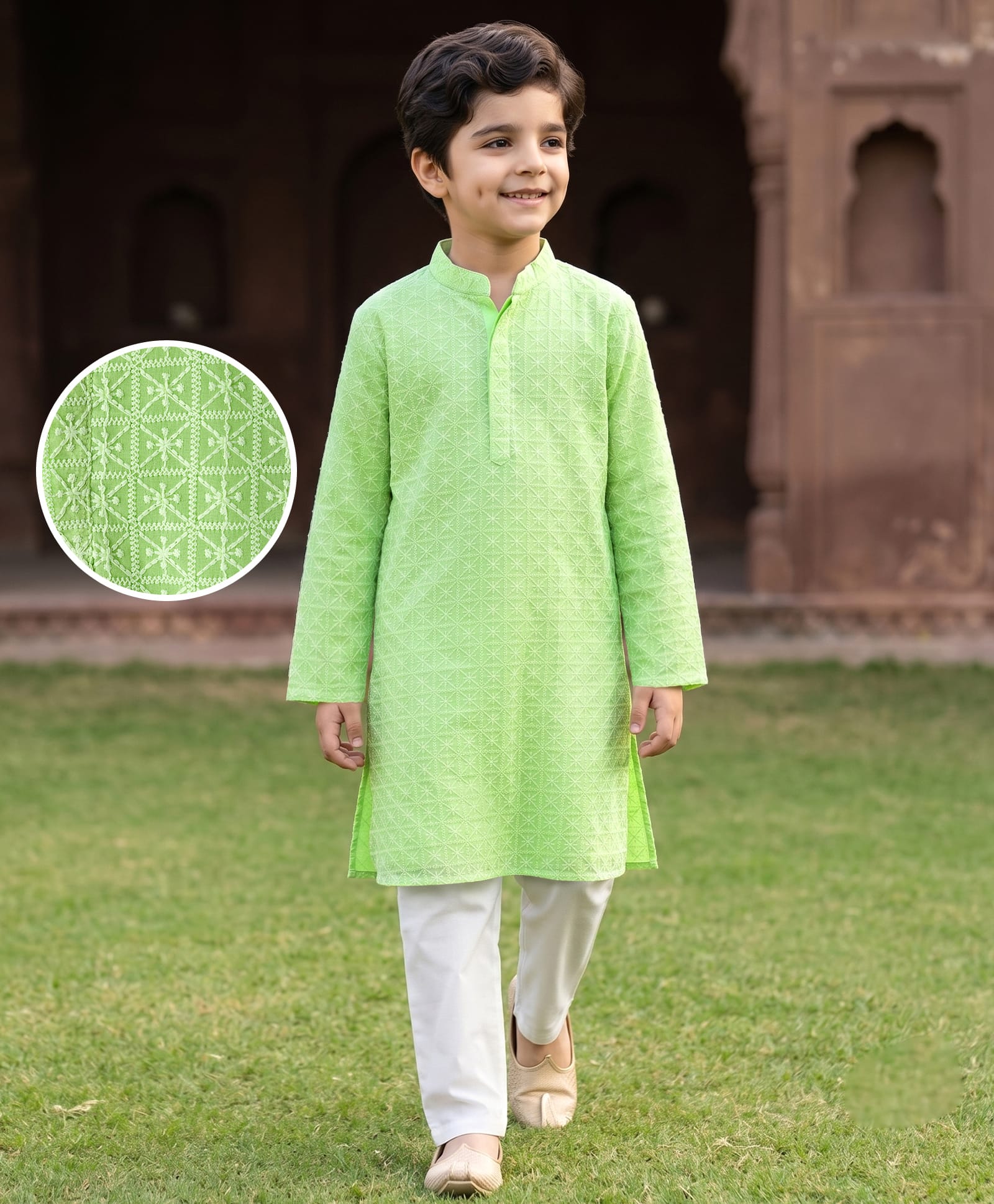 EARTHY TOUCH Woven Full Sleeves Kurta Pajama Set with Embroidery - Light Green-image-45