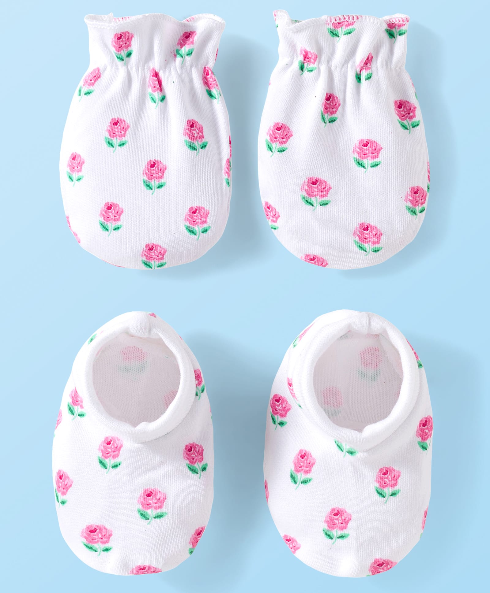 Babyhug 100% Cotton Knit Mittens & Booties Set with Floral Print - White-picture-27