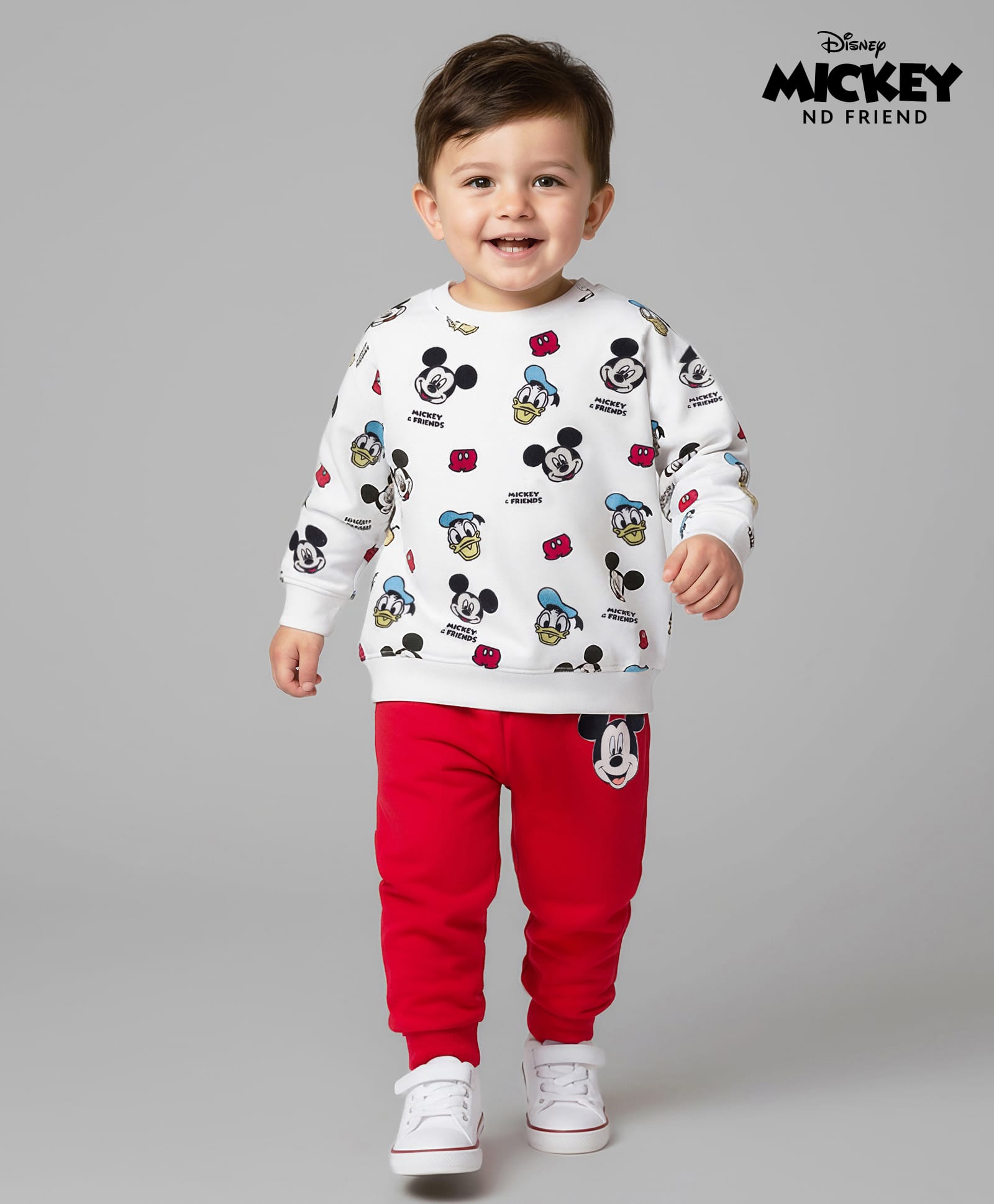 Babyhug Disney Terry Knit Full Sleeves Sweatshirt and Track Pant Set with Mickey Mouse Graphic - White & Red-image-4
