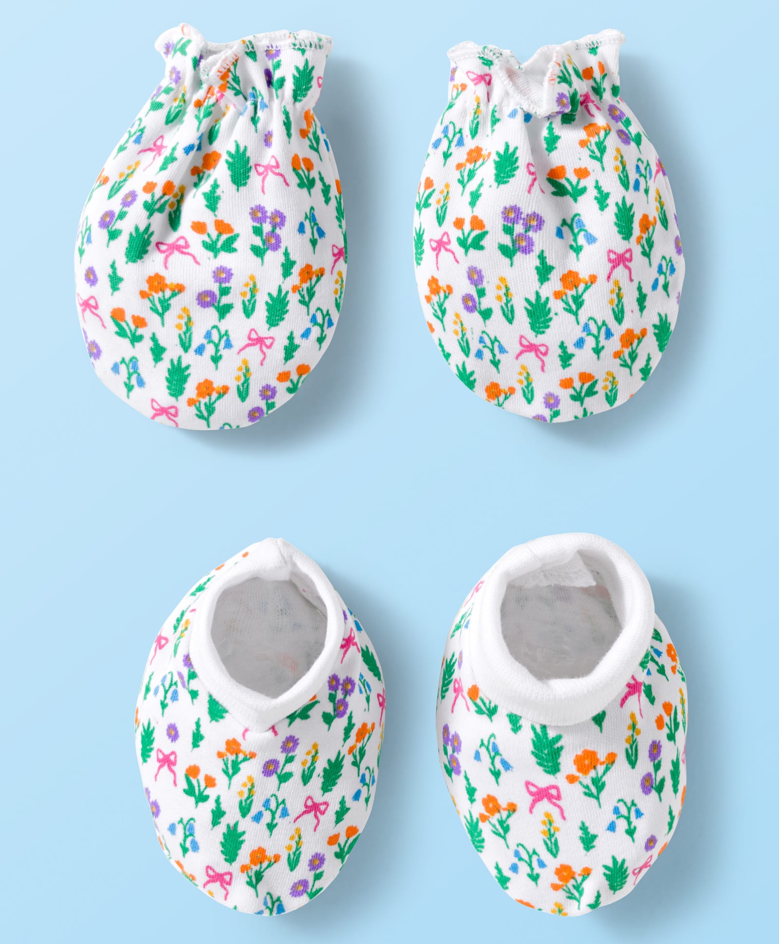 Babyhug 100% Cotton Knit Mittens & Booties With Floral Print - White-picture-11