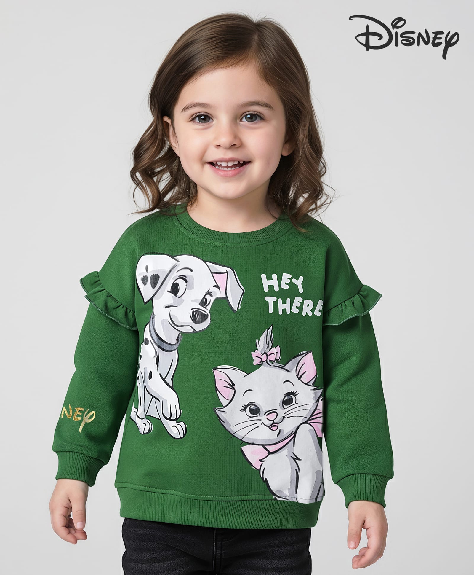 Babyoye Disney Terry Knit Drop Shoulder Full Sleeves Pullover Sweatshirt with Ruffles Dalmatian & Marie Graphics - Green-picture-25