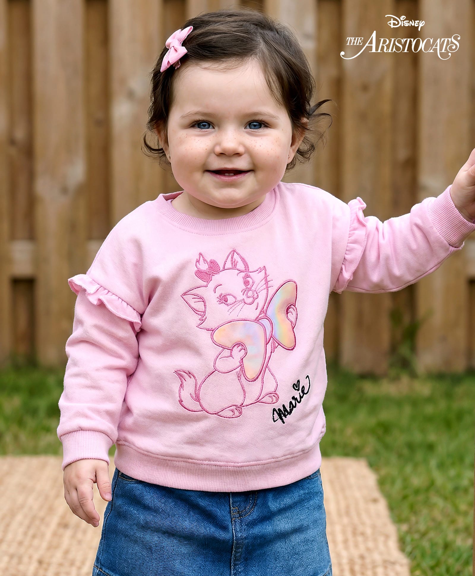 Babyoye Disney Terry Knit Full Sleeves Drop Shoulder Sweatshirt with Ruffles & Marie Graphics - Pink-image-35