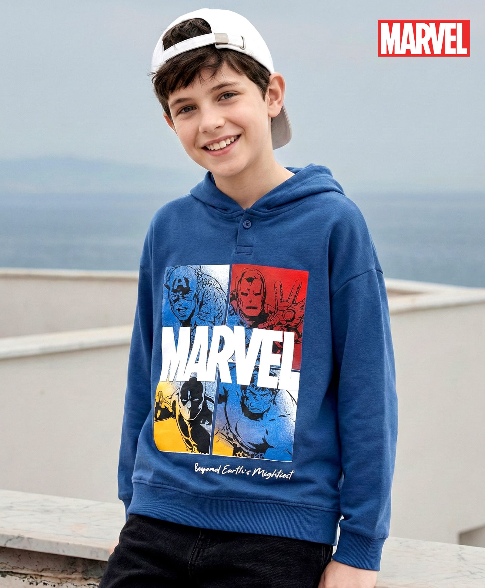 Pine Kids Marvel Terry Knit Drop Shoulder Full Sleeves Hooded Sweatshirt with Avengers Graphic - Navy Blue-picture-21